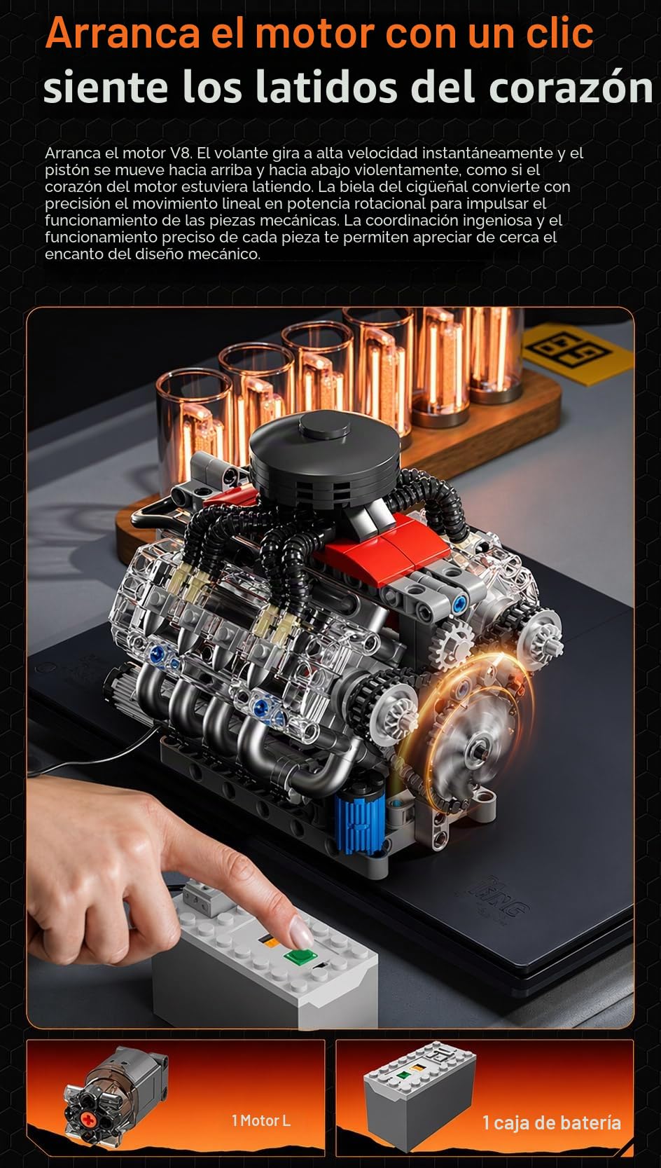 Sosuy V8 Juego de Bloques de construcción del Motor, Modelo de Motor de Funcionamiento, Juego mecánico de 487+PCS para exhibición en casa para coleccionistas, Juguetes Stem para niños, Regalo de