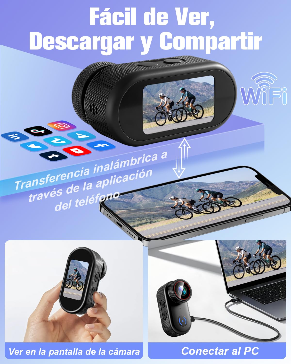 Camara Deportiva 4K, Mini Cámara de Acción WiFi, 140° Pequeña Videocámara de Casco Cámara Corporal Larga Duración con Varios Accesorios para Bici Moto Aire Libre