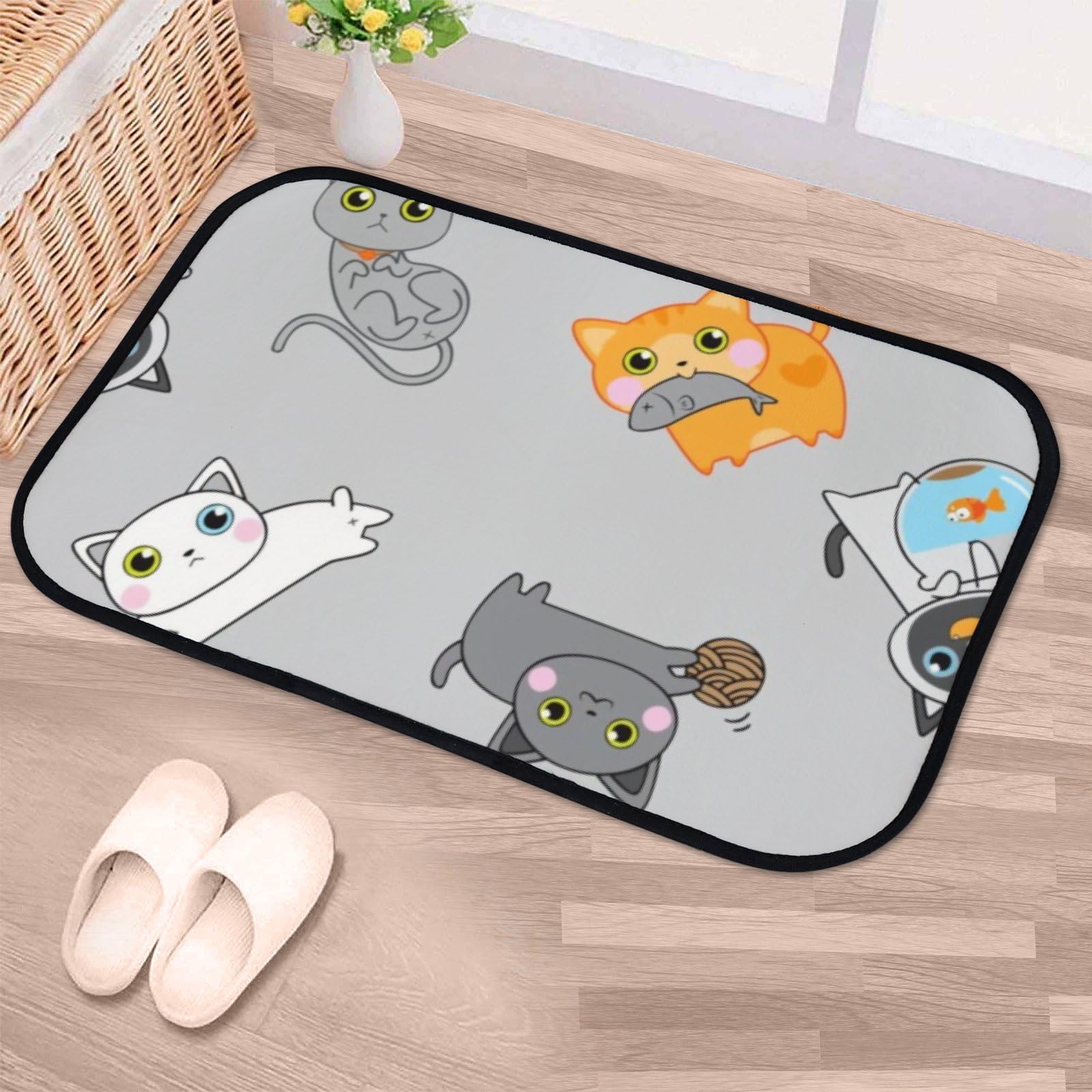 Nuansexi Bathroom Rugs Cute Kitten Pattern Gray Floor Mats Non Slip Bathmat Doormat Tub Mat Coral Velvet Absorbent Entrance Carpet Mats Machine Washable Bedroom Decor