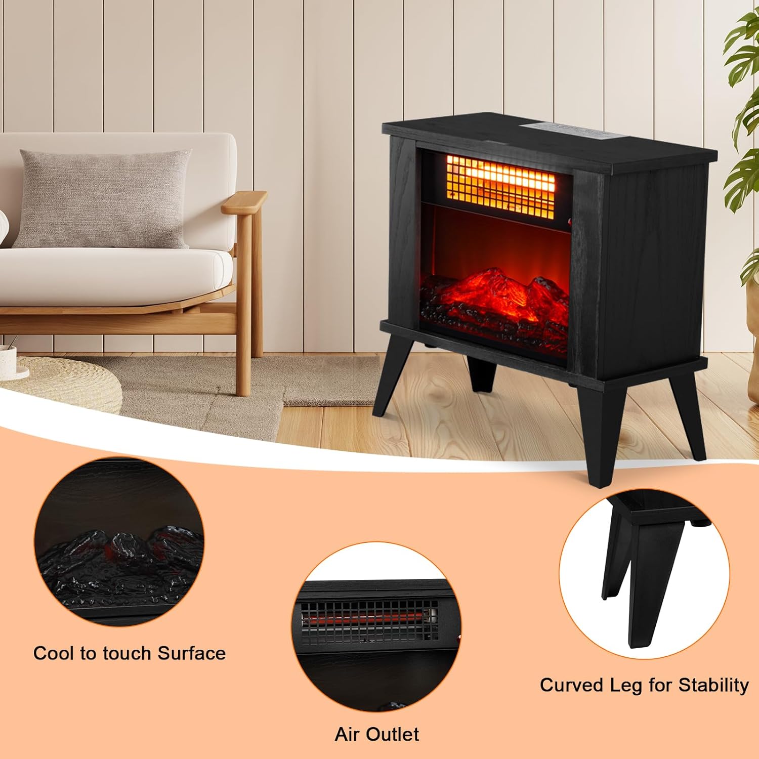 Electric Fireplace Heater, 15-inch Freestanding Stove, 3D Flame Effect, 1000W, Black