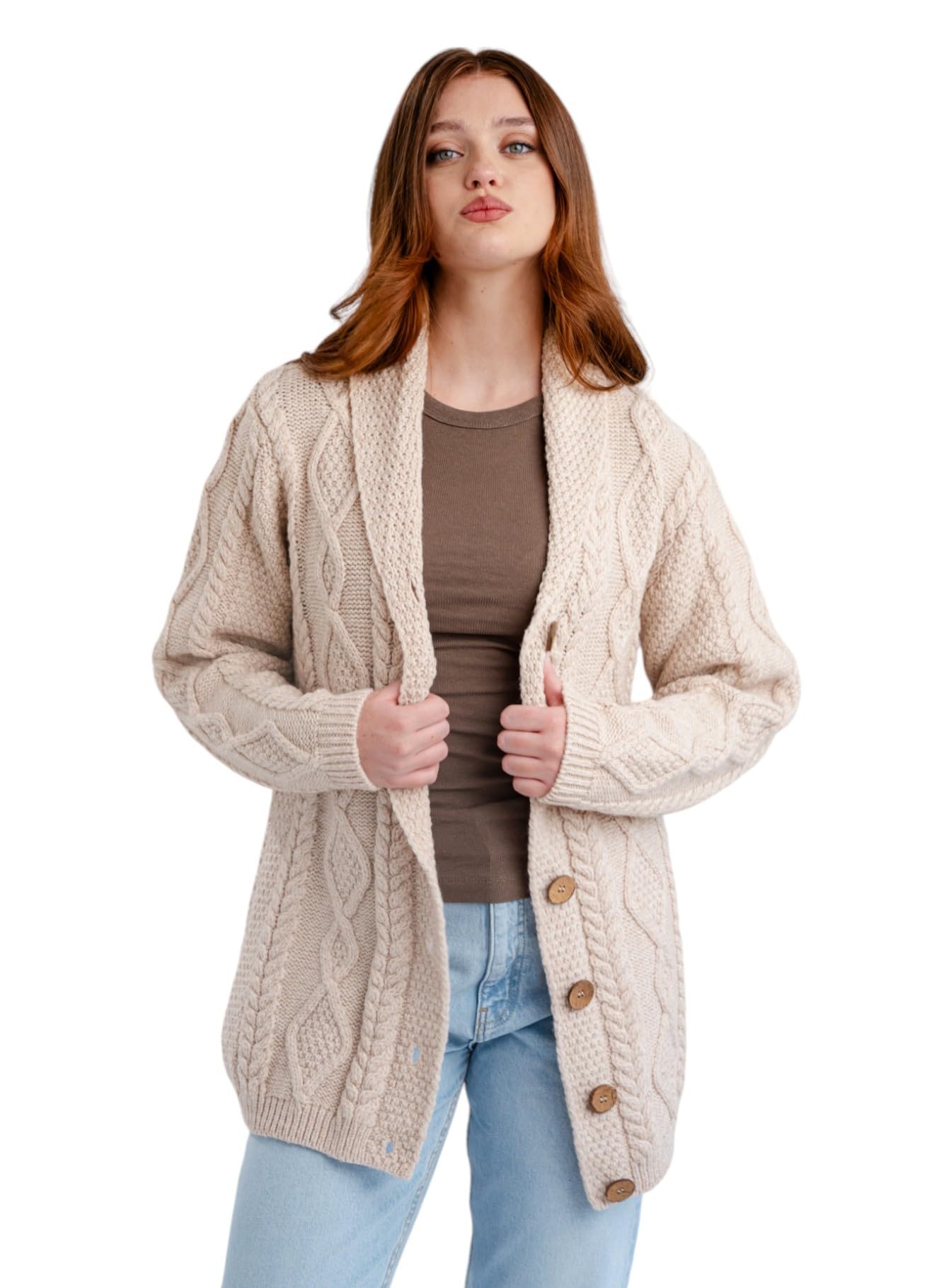 SAOL Shawl Neck Cardigan for Ladies 100 Merino Wool Buttoned V-Neck Sweater Made in Ireland