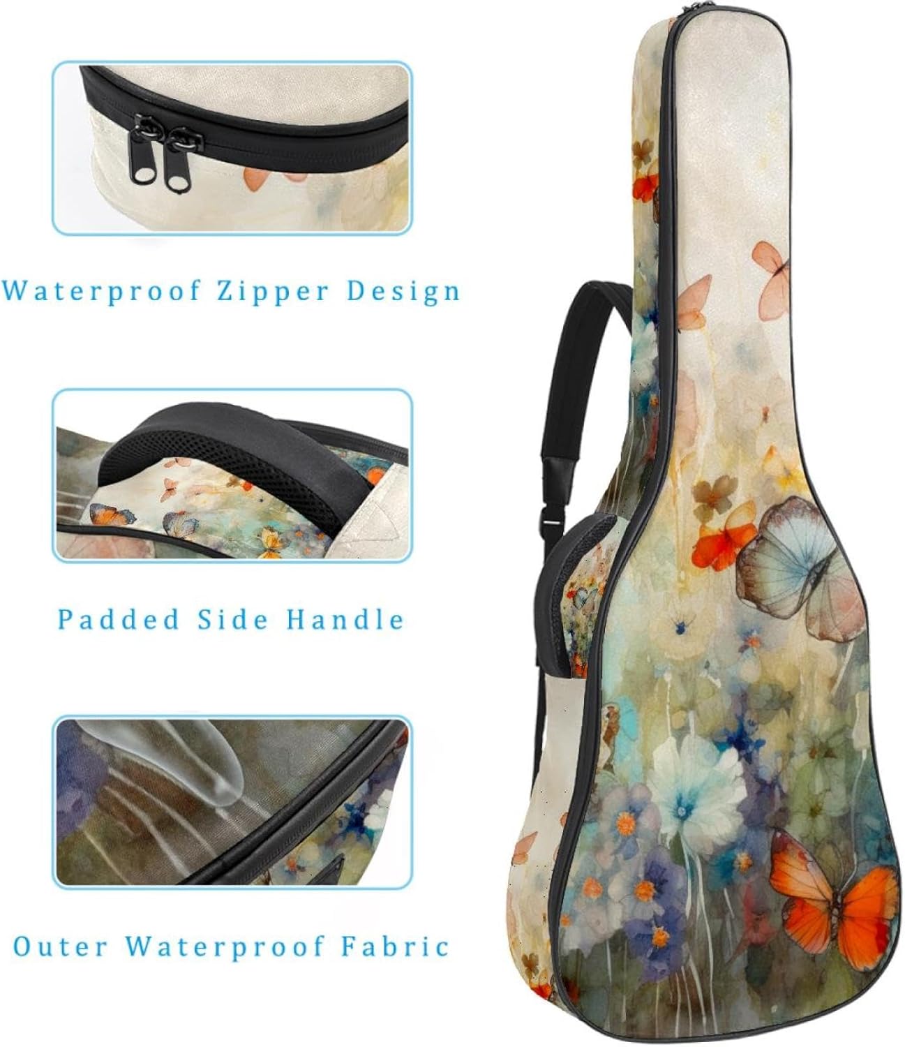 Acoustic Guitar Bag 0.4 Inch Thick Padding Waterproof Guitar Case Gig Bag for 40 41 42 Inch Electric Bass Classical Guitar, Watercolor Colorful Butterflies Vintage Pattern