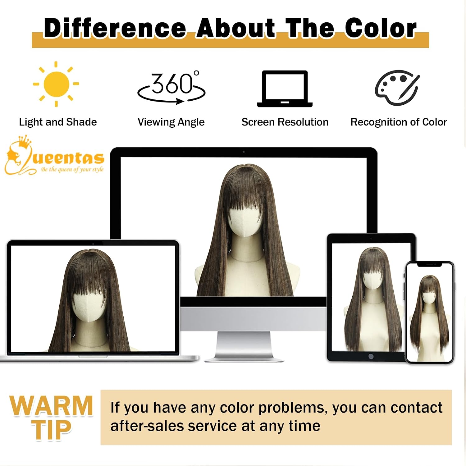 QUEENTAS 22 Inch Long Brown Wig with Bangs Glueless Natural Looking Synthetic Straight Hair Wig for Daily & Party Use (Brown With Blonde Highlights)