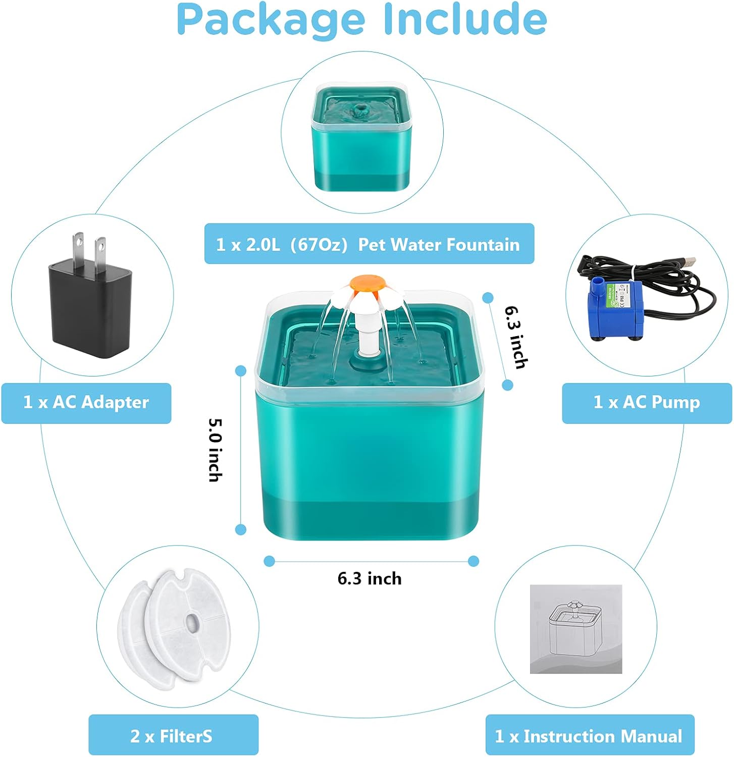 Cat Water Fountain, 67oz/2L Automatic Pet Water Fountain 2021 Upgraded Dog Cat Water Dispenser Ultra Quiet Cat Drinking Fountains LED Light with 2 Replacement Filters for Cats Dogs Multiple Pet (Cyan)