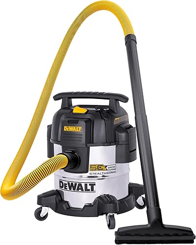 DEWALT STEALTHSONIC - Aspiradora para tienda en seco y húmedo de 5 galones, 4 HP con 6 bolsas de polvo, ultra silenciosa, de acero inoxidable, con