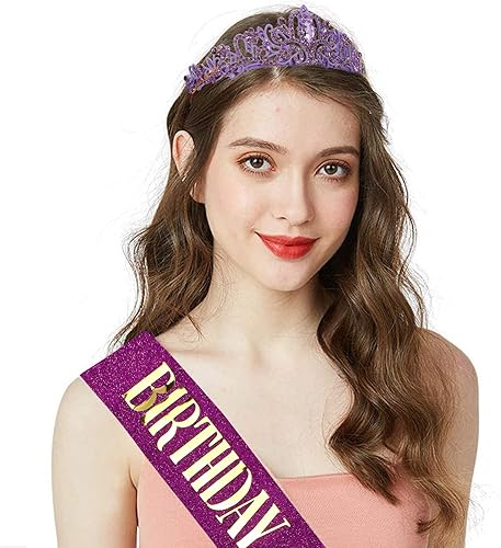 Miniatura 2 de CIEHER Corona de oro rosa de cristal + banda de reina de cumpleaños + pin de perla, corona de cumpleaños y banda de cumpleaños para mujer, banda de