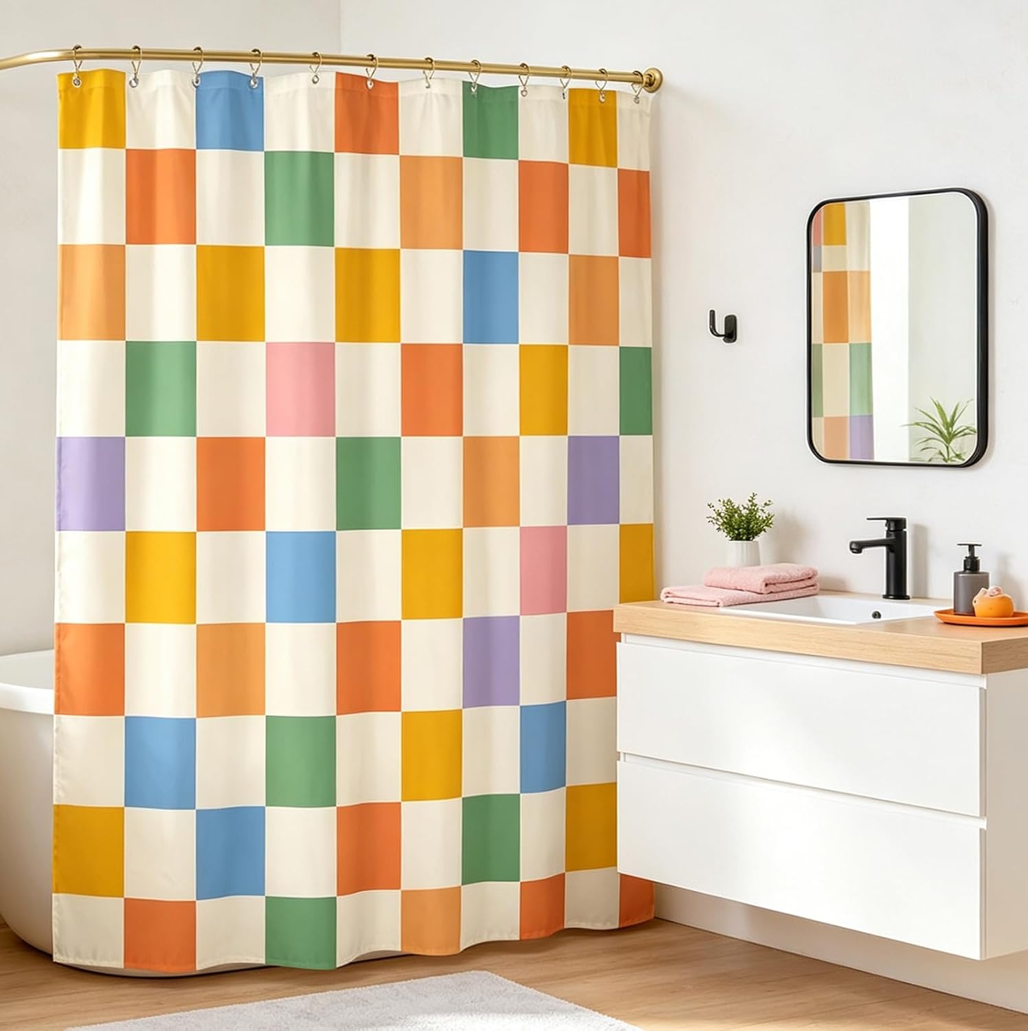 Miyotaa Groovy Retro 70s Plaid Shower Curtain Set 60Wx71H Inches Cute Checkered Vintage 60s Colorful Modern Aesthetic Funky Hippie Polyester Bathroom Curtain with 12 Hooks