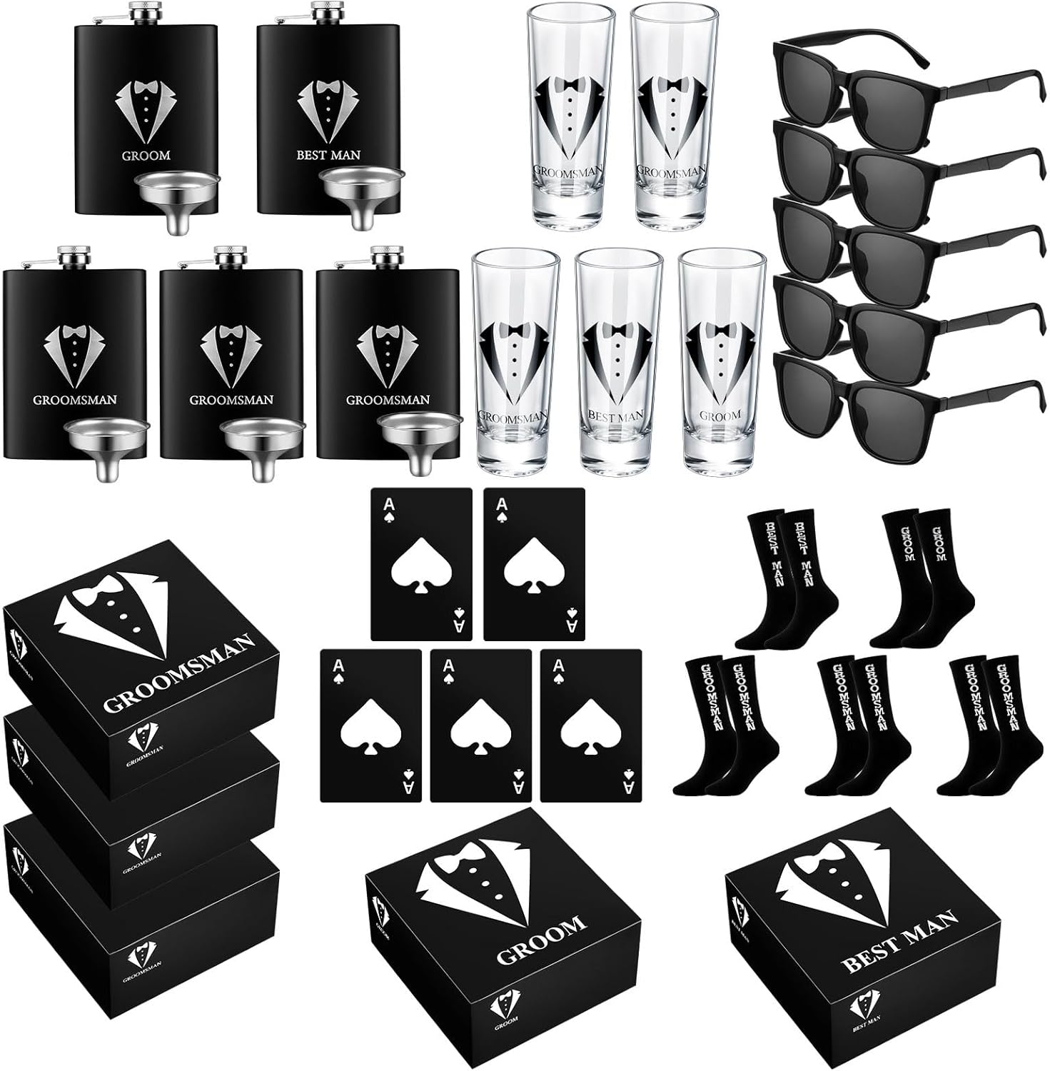 Leumoi 30 Pcs Groomsmen Gifts Box Set Groomsmen Box Stainless Steel Flask Shot Glasses Beer Bottle Poker Card Opener Sunglasses Socks Proposal Gift for Wedding Party