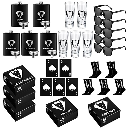 36 Pcs Groomsmen Gifts Box Set 6 Groomsmen Box 6 Stainless Steel Flask 6 Groomsmen Shot Glasses 6 Beer Bottle Poker Card Opener 6 Sunglasses 6 Socks Groomsmen Proposal Gift for Wedding Party