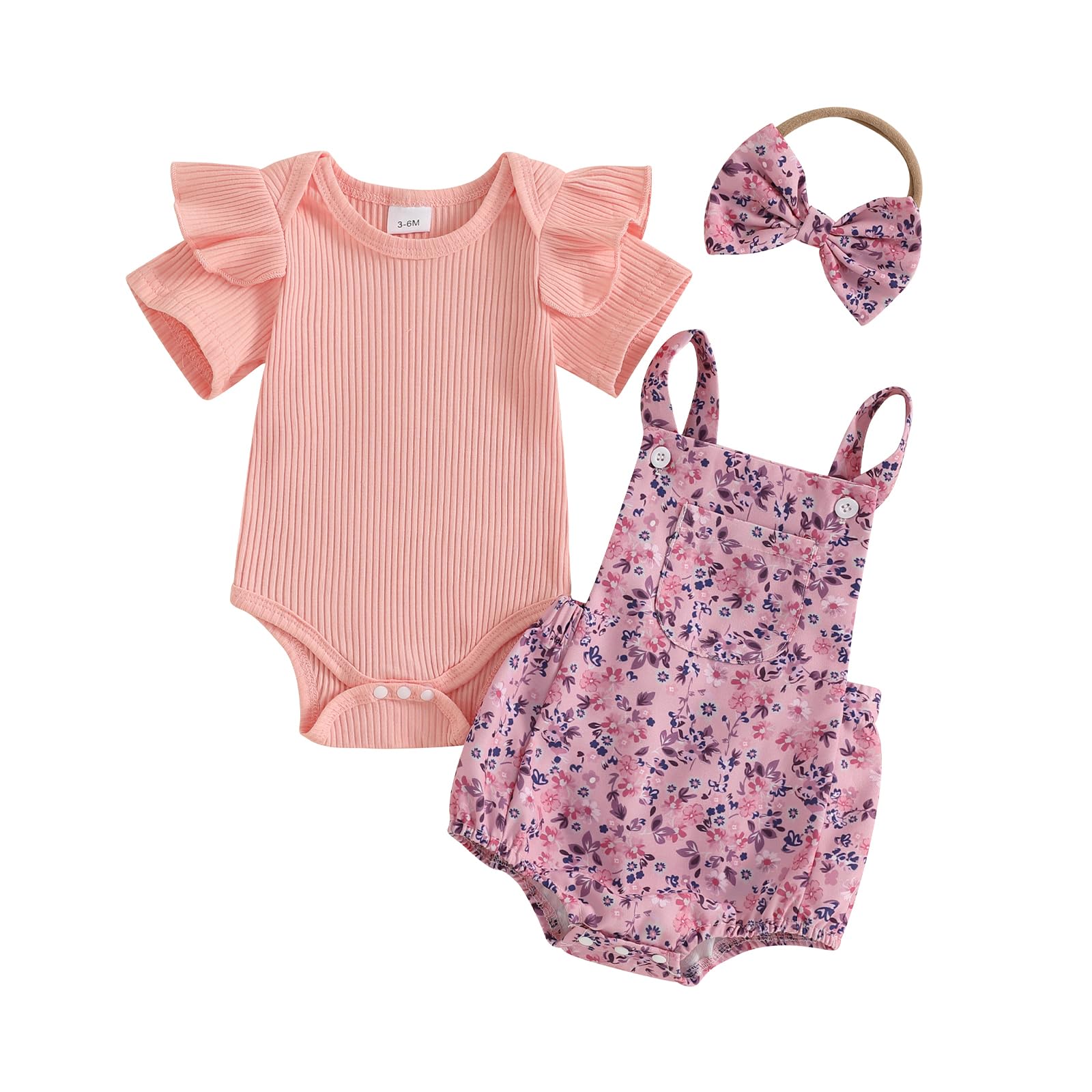 ZAXARRA Infant Baby Girls Summer Outfit Short Sleeve Ruffle Romper Overalls Shorts Headband Set Toddler Casual Clothes (Pink, 6-12 Months)