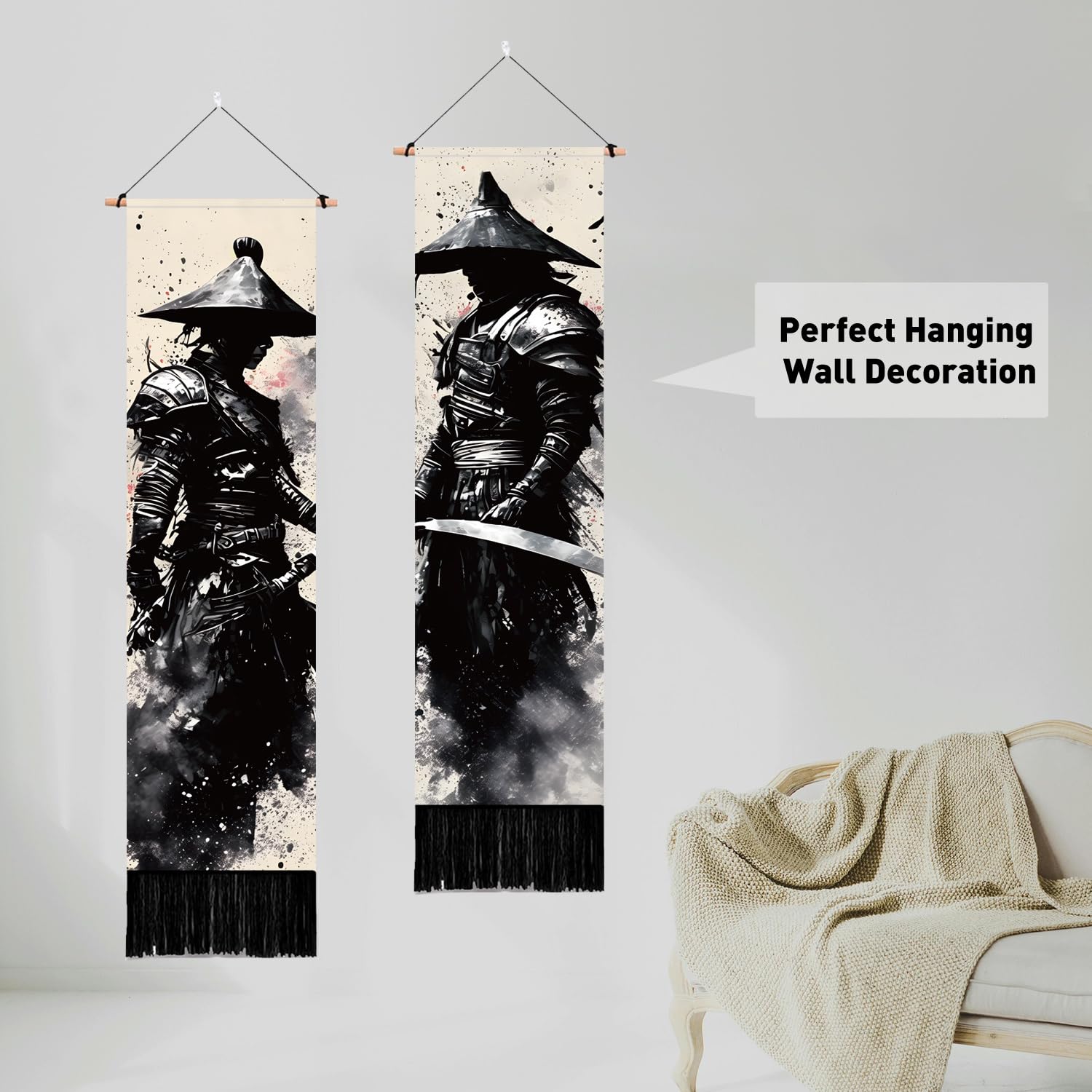 PLIGREAT 2 Pack Ink Style Tapestry Japanese Samurai Vertical Wall Hanging with Tassels Black Aesthetic Wall Tapestry for Bedroom Living Room Dormitory Backdrop Home Art Decor - Image 4