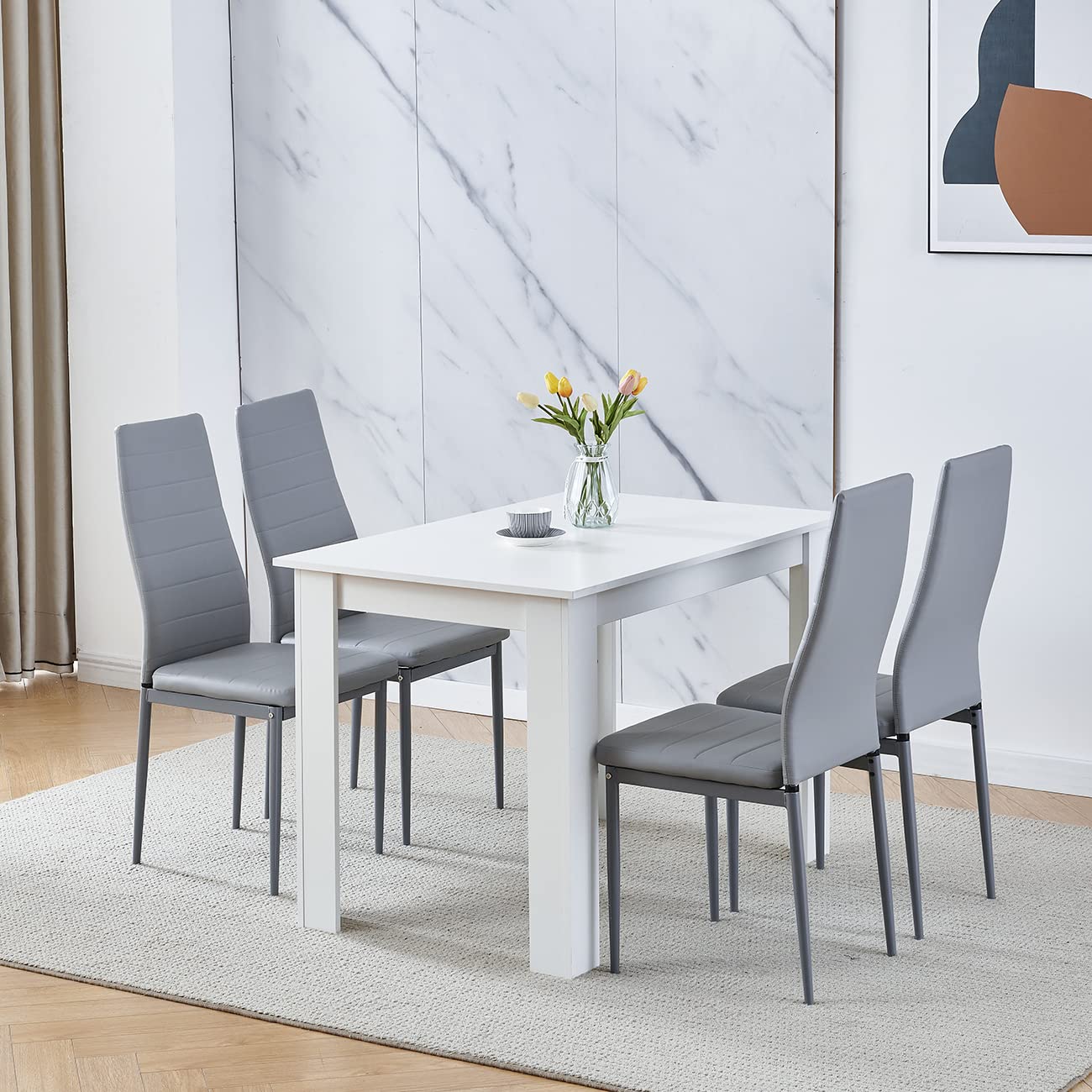 Menaka Wood Dining Table and Chairs Set of 4, Small Rectangular Kitchen Dinner Table with 4 Seaters (line grey leather chairs, 110cm white table, 4 seaters) — image 1