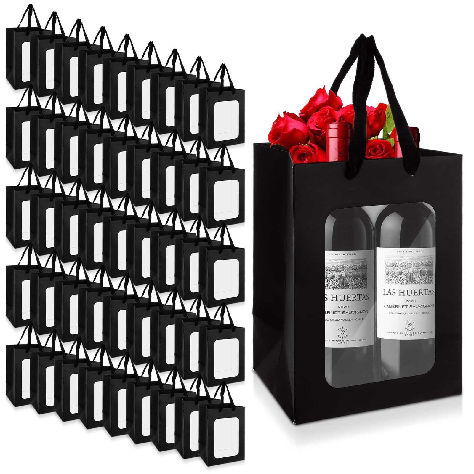 YOUNTHYE 50PCS Black Gift Bags with Window Black Kraft Paper Gift Bags with Transparent Window 9.8x7x5 inch Transparent Window Bags with Handles for