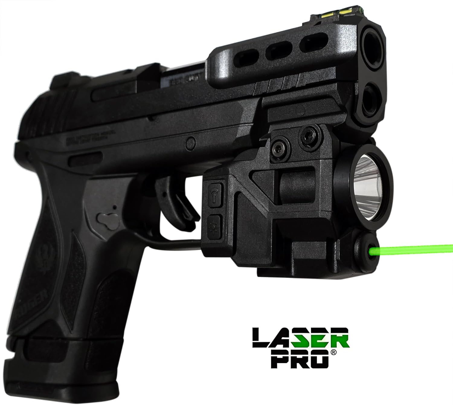 LASERPRO® Green Rechargeable Laser Sight w/LED Light for Ruger Pistols with Rails: SR9, SR40, RXM, Security-9, American, 9E, SR45, P345, 57 & Mark IV Tactical, SR1911, P95 with Rails