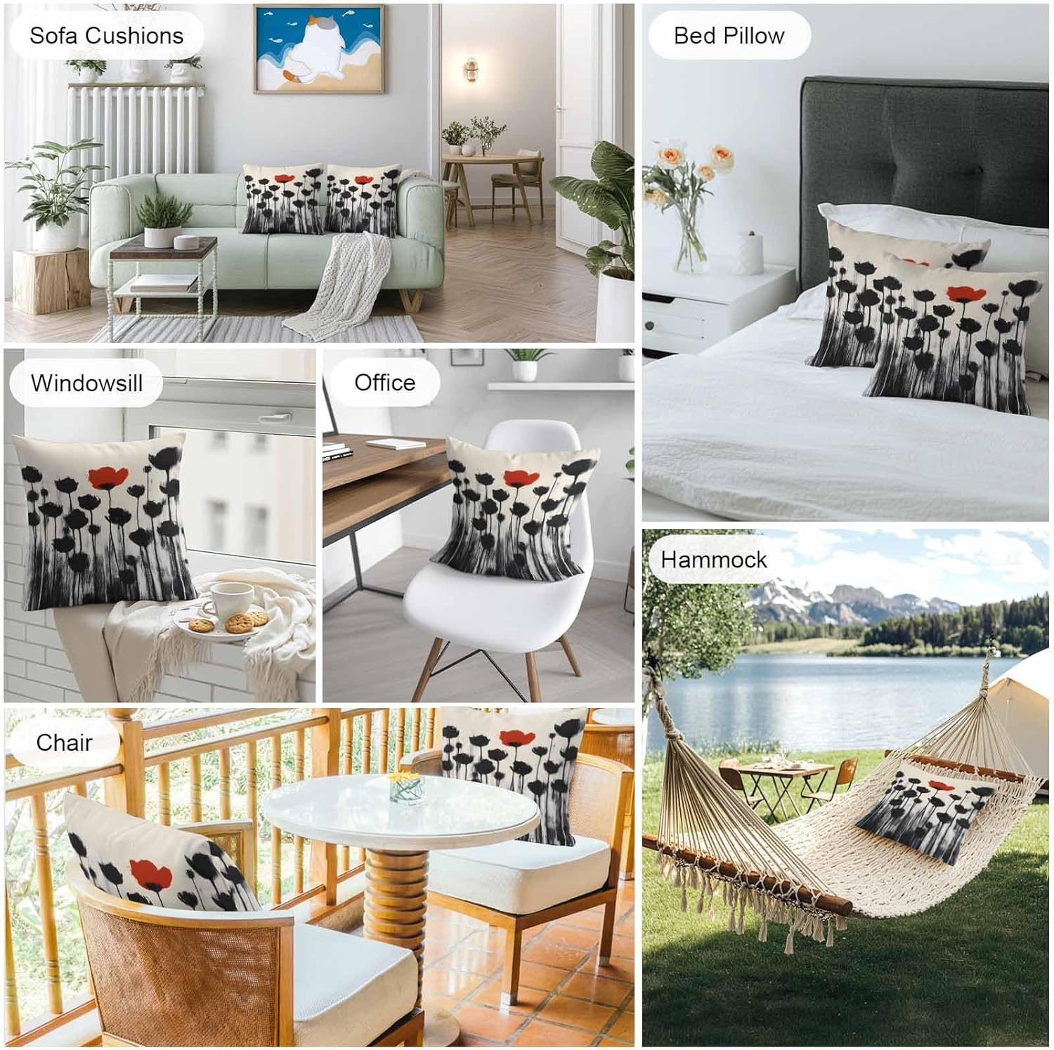 Spring Red Black Floral Outdoor Waterproof Pillow Covers, Modern Oil Painting Poppy Flowers Decorative Square Throw Pillowcase Sofa Cushion Sham for Patio/Couch/Chair, 26"x26" 2 Pack