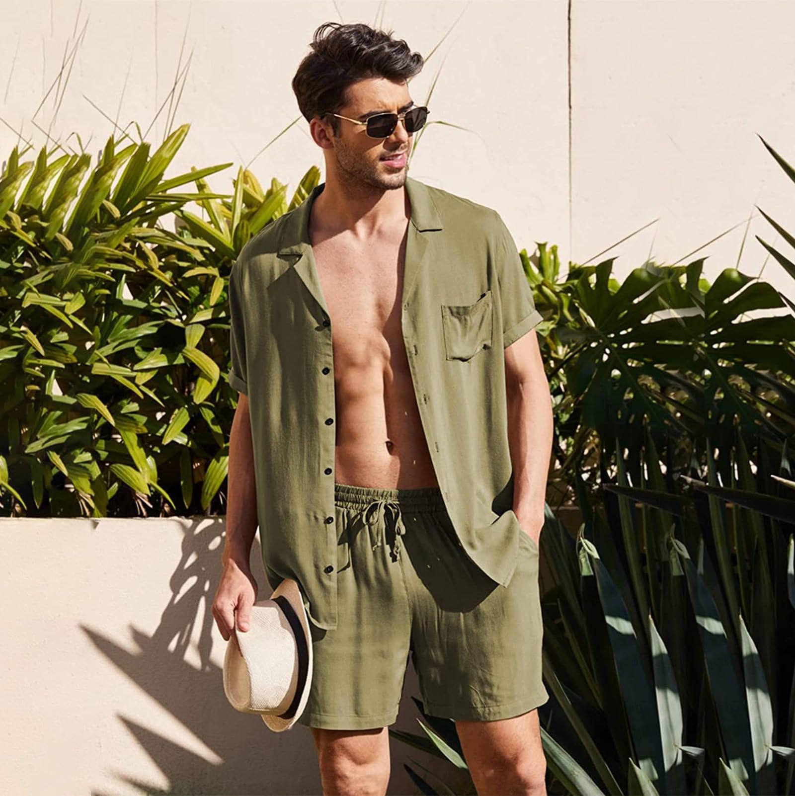 Hombre Manga Corta Camisa & Pantalones Cortos 2 Piezas Casual Verano Outfits para Playa Vacaciones Deportivo