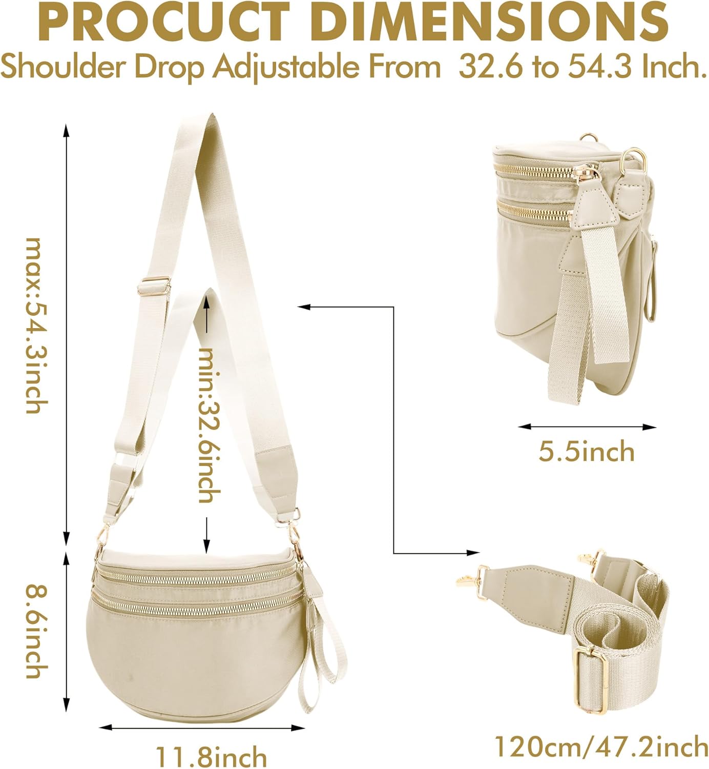 Crossbody Bags Bum Bag For Women, Large Nylon Fanny Packs, Sling Bag, Belt Bag with Adjustable Strap, Beige - Image 6