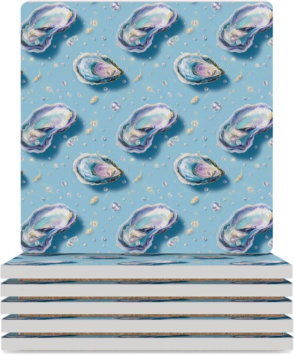 Oysters Shells Coaster for Drinks Square Ceramic Table Coasters Stone Mat Crafts 6PCS Home Kitchen Decor