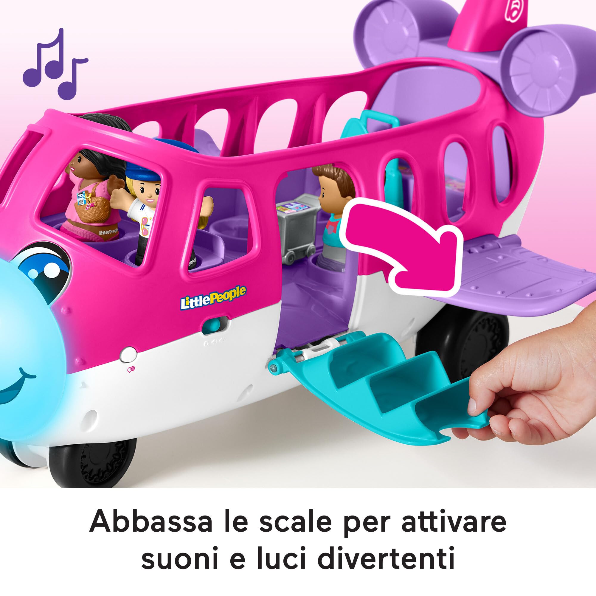 Fisher-Price Little People Barbie - Little Dream Plane, aereo con luci, suoni e scale pieghevoli, personaggi di Barbie e Ken e bagaglio, versione multilingue, giocattolo per bambini, 18+ mesi, HRC37