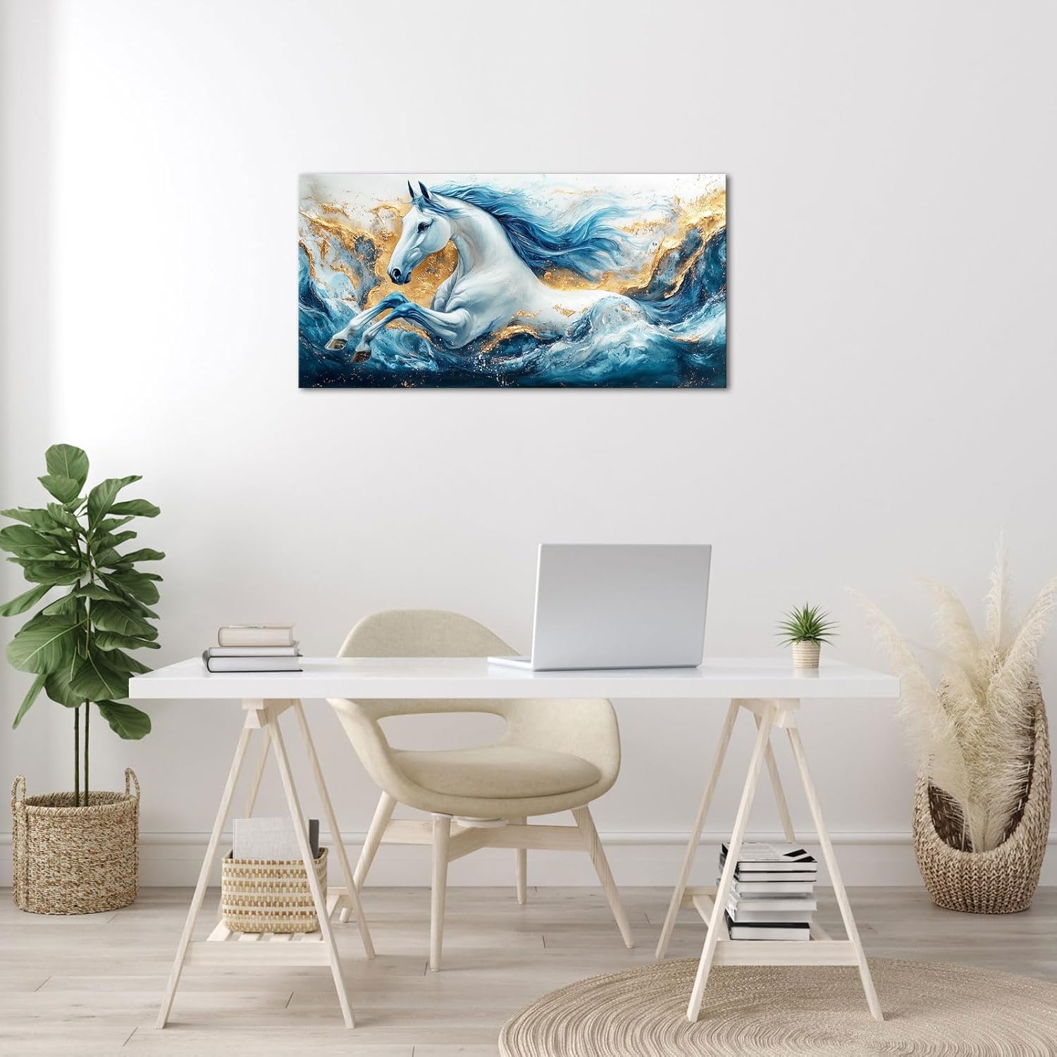 VANSEEING Abstract Horse Wall Art Modern Blue and Gold Sea Wave Animal Picture Wall Decor Canvas Prints Ocean Horse Painting Artwork for Living Room Bedroom Office Bathroom 20"x40"