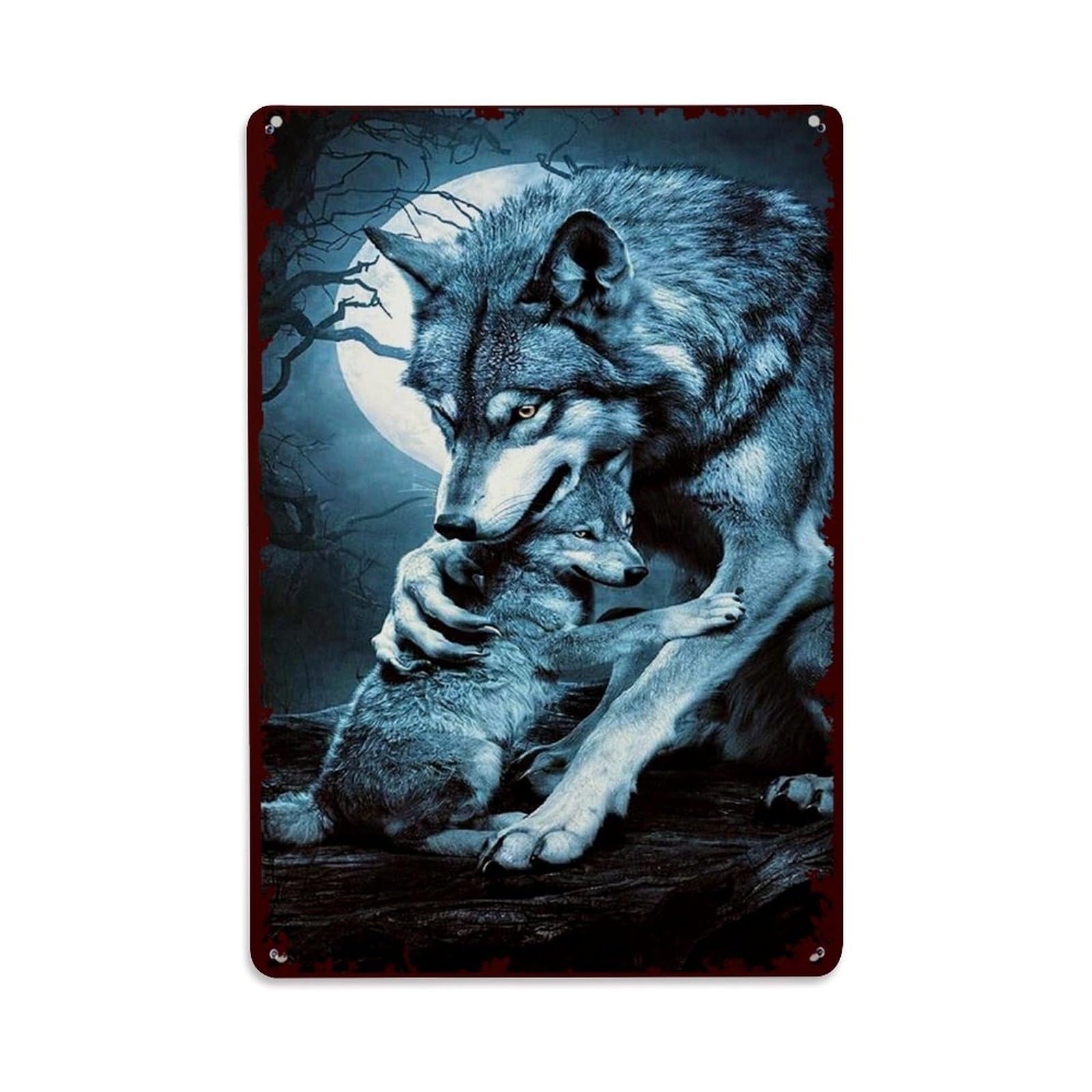 Wolf And Cub Moonlight Scene Tin Sign Metal Poster Vintage Metal Signs for Home Man Cave Bar Cafe Kitchen laundry room Wall Decorations Gift 8x12Inch