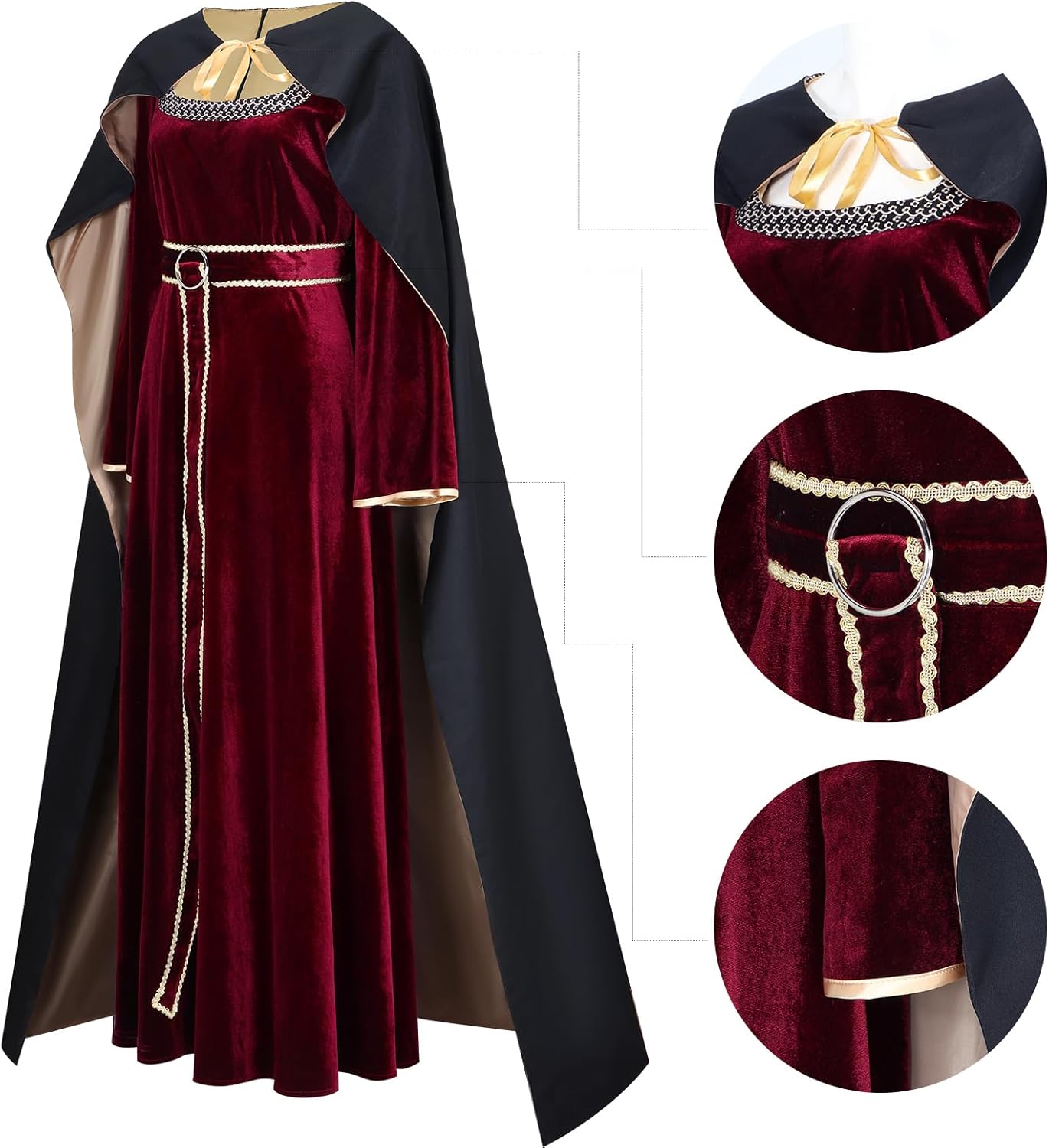 Women Witch Gothel Costume Velvet Long Dress with Cape Full Set Dark Red Medieval Renaissance Halloween Outfit