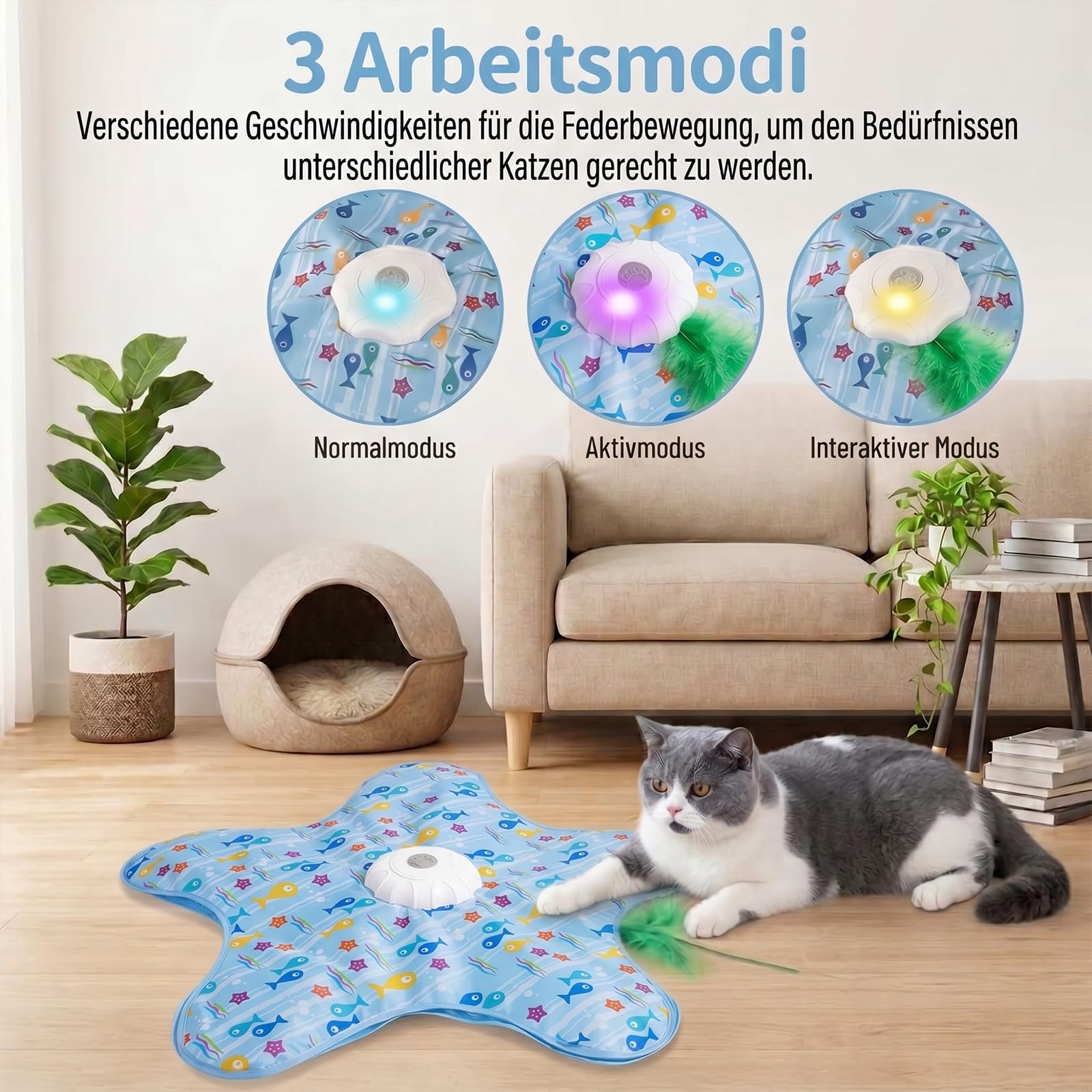 Interaktives Katzenspielzeug Selbstbeschäftigung, Katzenspielzeug Elektrisch mit Versteckspiel, Beweglicher Feder Quietschender Maus, Intelligentes interaktives Katzenspielzeug USB Wiederaufladbar