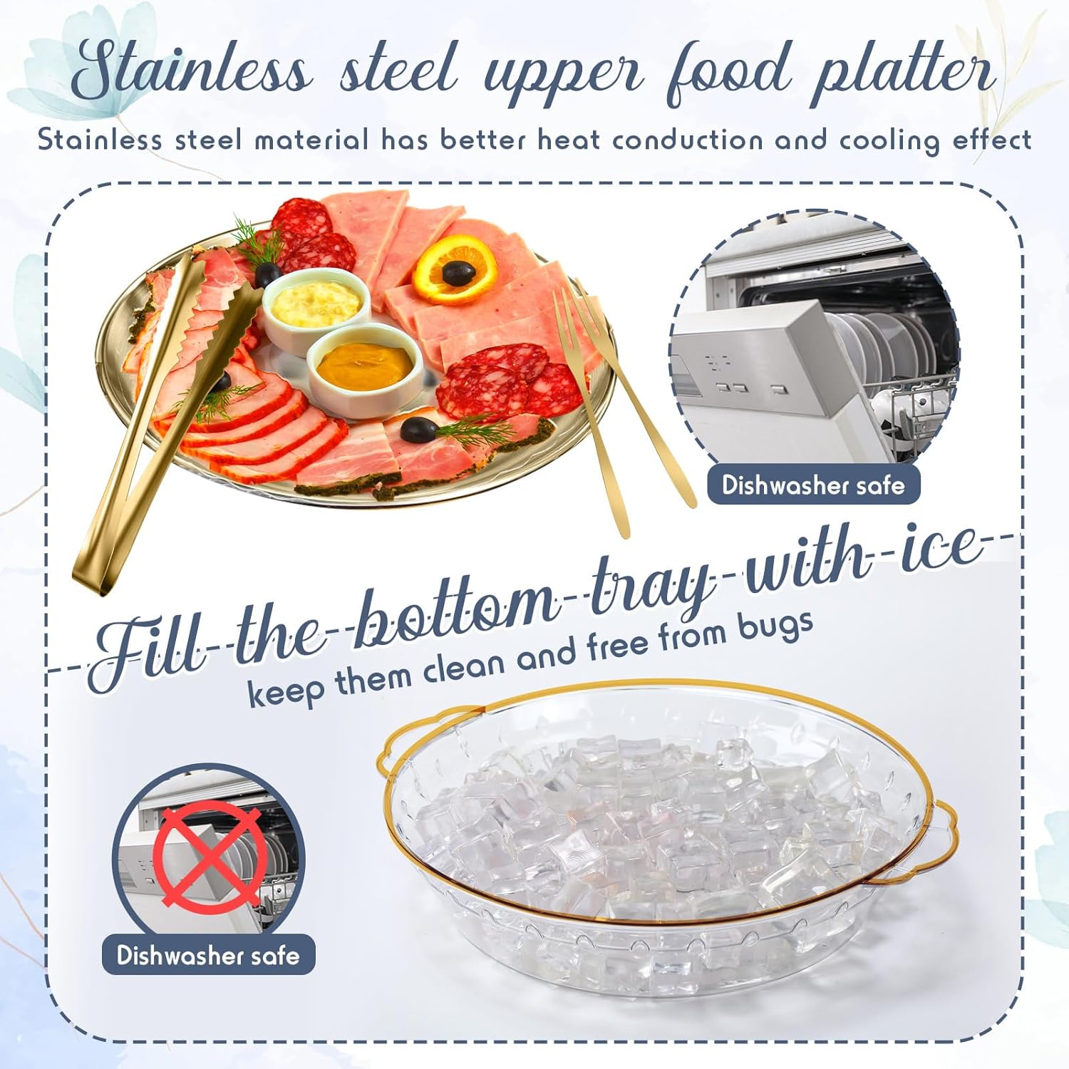 Baderke 4 Sets 11.8" Chilled Serving Tray for Parties Round Iced Platter with Ice Underneath Stainless Steel Clip Fruit Fork Shrimp Cocktail Serving Dish for Oysters Crawfish Fruits (Gold)