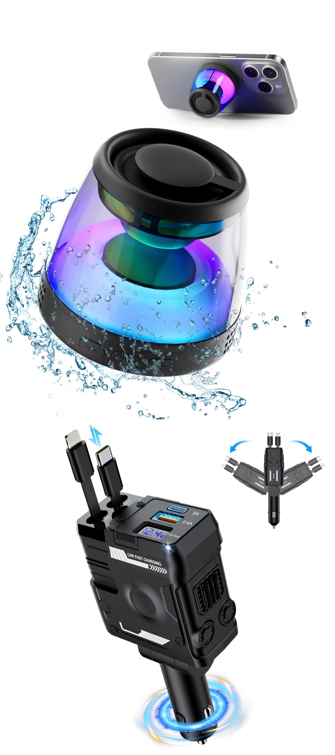 Retractable Car Charger, 4 in 1 Mech-Style Fast Charging Car Phone Charger 65W+ Magnetic Bluetooth Speaker, XO Portable Bluetooth Speaker with RGB Light, Waterproof Wireless Speaker