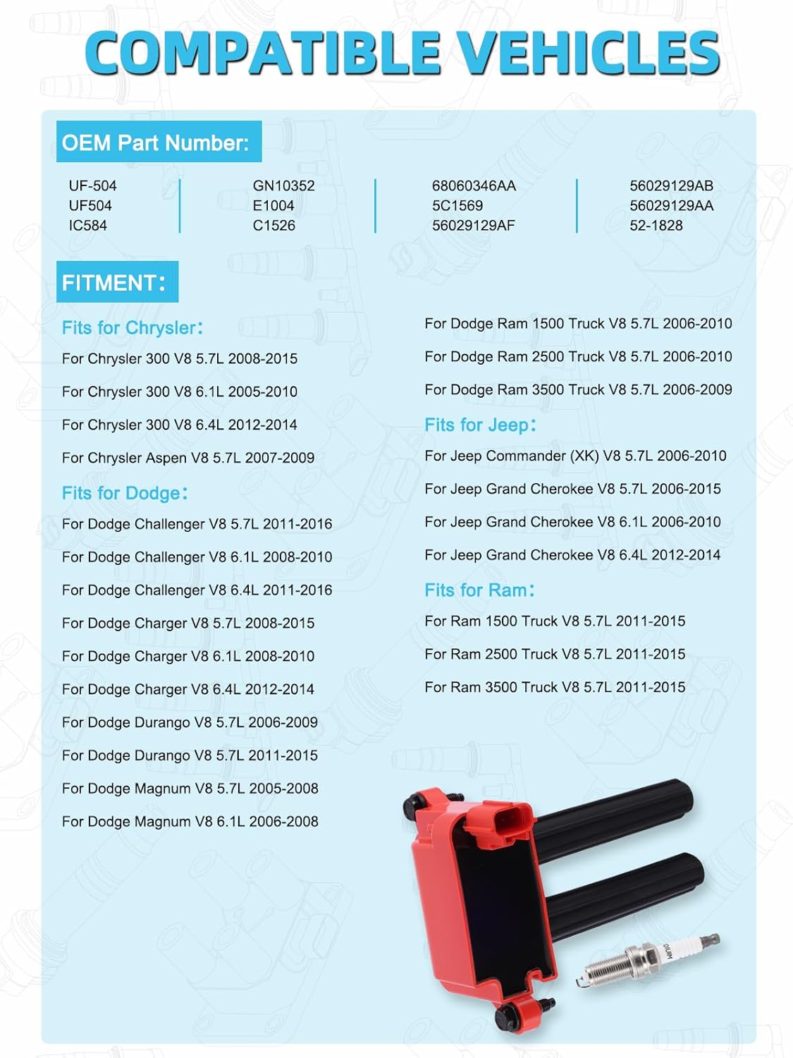 UF504 Ignition Coil Pack Iridium Spark Plug For Chrysler 300 Aspen,For Dodge Challenger Charger Durango Magnum Ram 1500 2500 3500,For Jeep Commander Grand Cherokee 5.7L 6.1L 2005-2016,8 PCS
