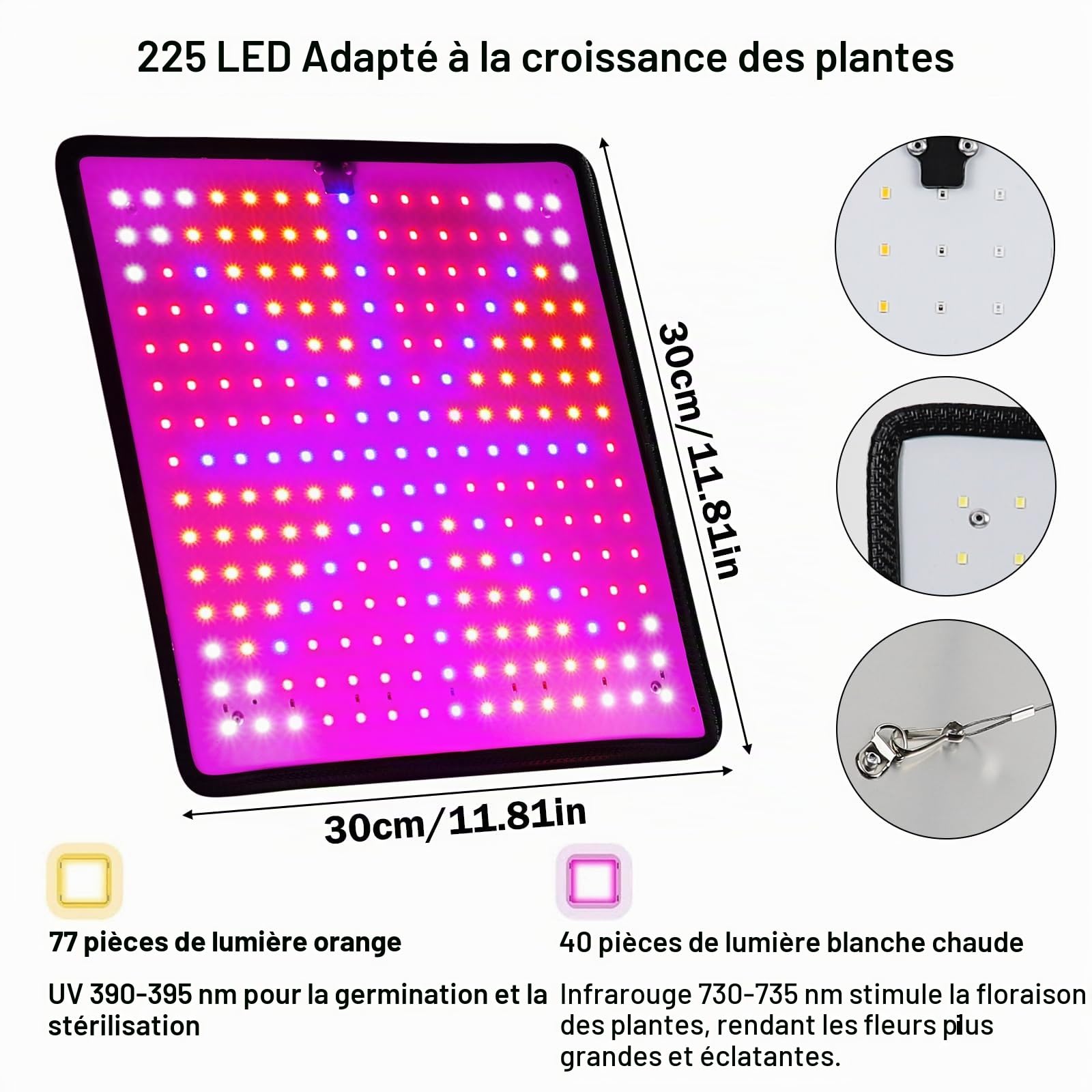 Lampe de culture LED à spectre complet, 225 LEDs, lampe de culture suspendue avec 4 crochets, lampe de croissance pour plantes, légumes, fleurs, 1000W, lumière LED pour plantes[Classe énergétique C]