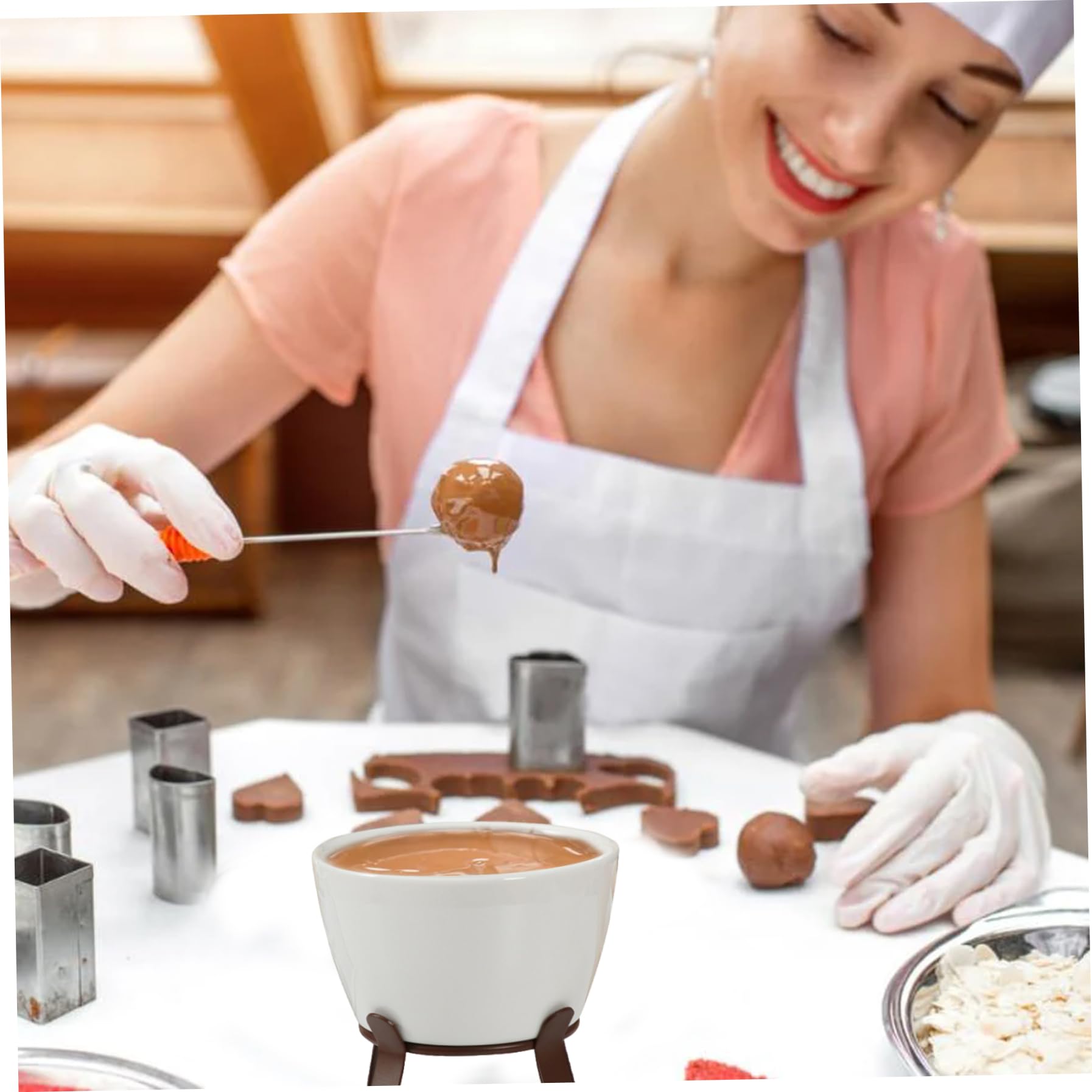 Taza de Fondue de Chocolate Taza de Fondue de cerámica con 2 Tenedores y Soporte de Hierro, Reutilizable para derretir Chocolate para Queso o (Vela no incluida)