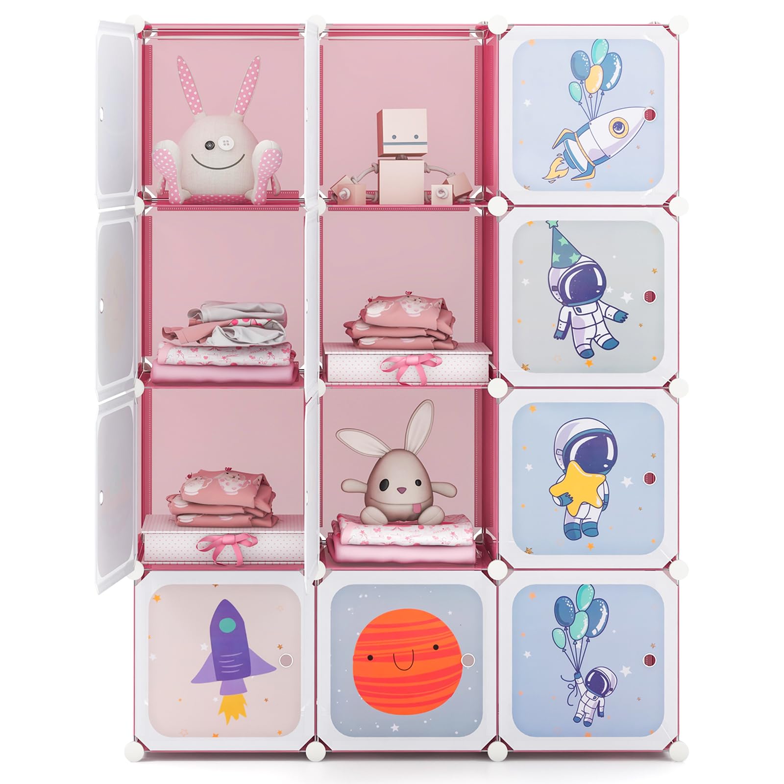 Maxmass 8/12 Cube Children Wardrobe, Portable Kids Clothes Closet with Hanging Sections, DIY Modular Storage Organizer for Nursery, Bedroom, Kindergarten (Pink Space, 110 x 35 x 144 cm)