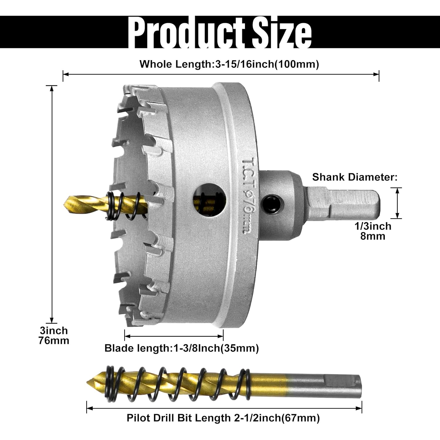 SALI 3"(76mm) TCT Hole Saw Kit Tungsten Carbide Tipped Hole Saw Drill Bit with Titanium-Plated Pilot Drill bit for Metal, Stainless Steel, Iron, Wood, Plastic