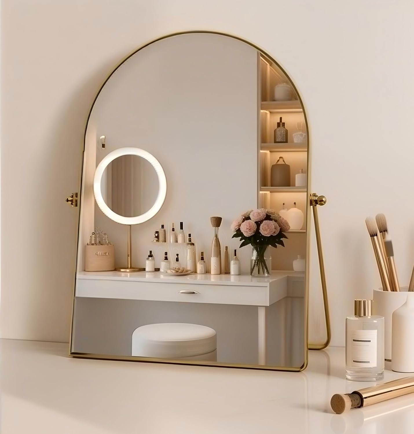 Gold Metal Makeup Mirror with Stand, Arched Desk Mirror