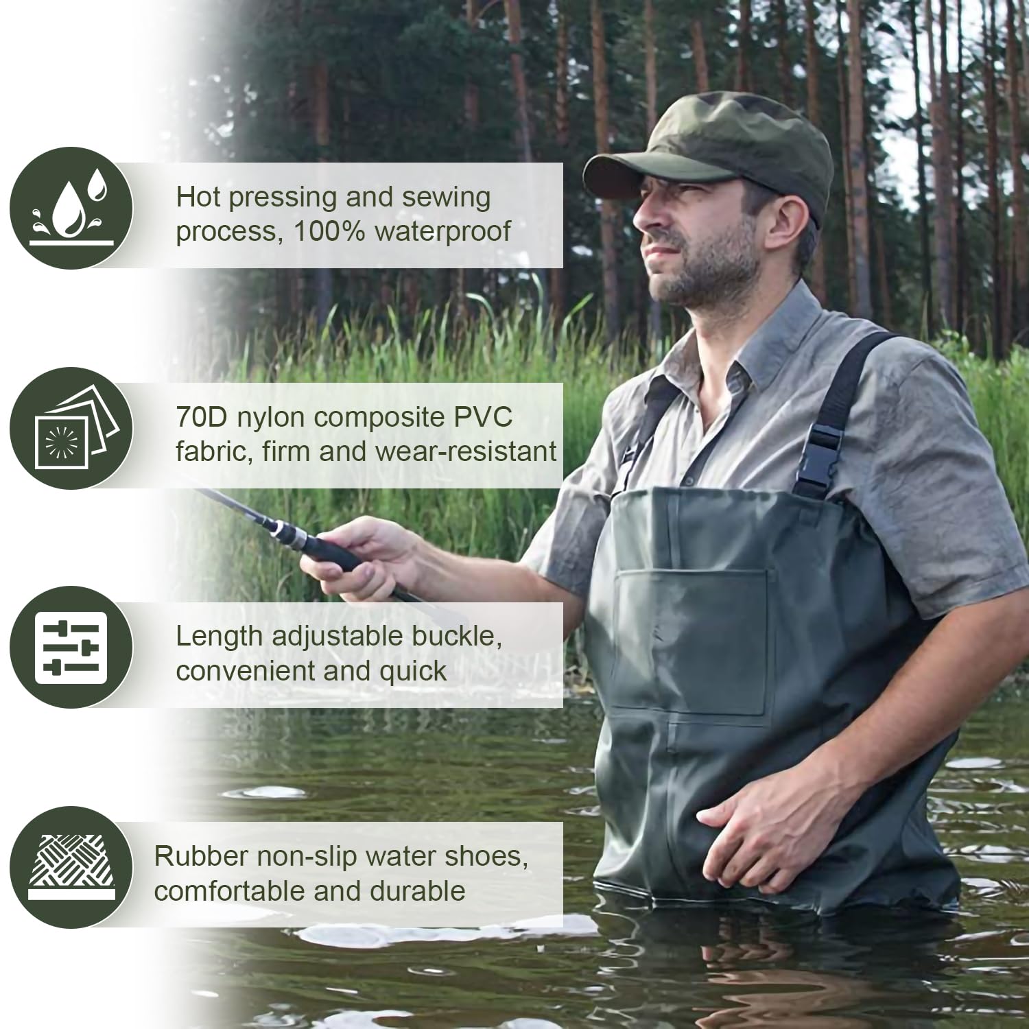 waders, waders impermeabili 70D nylon composito PVC pantaloni da pesca, con stivali in gomma antiscivolo, pantaloni da bacino, adatti per cantieri, pesca, fattorie