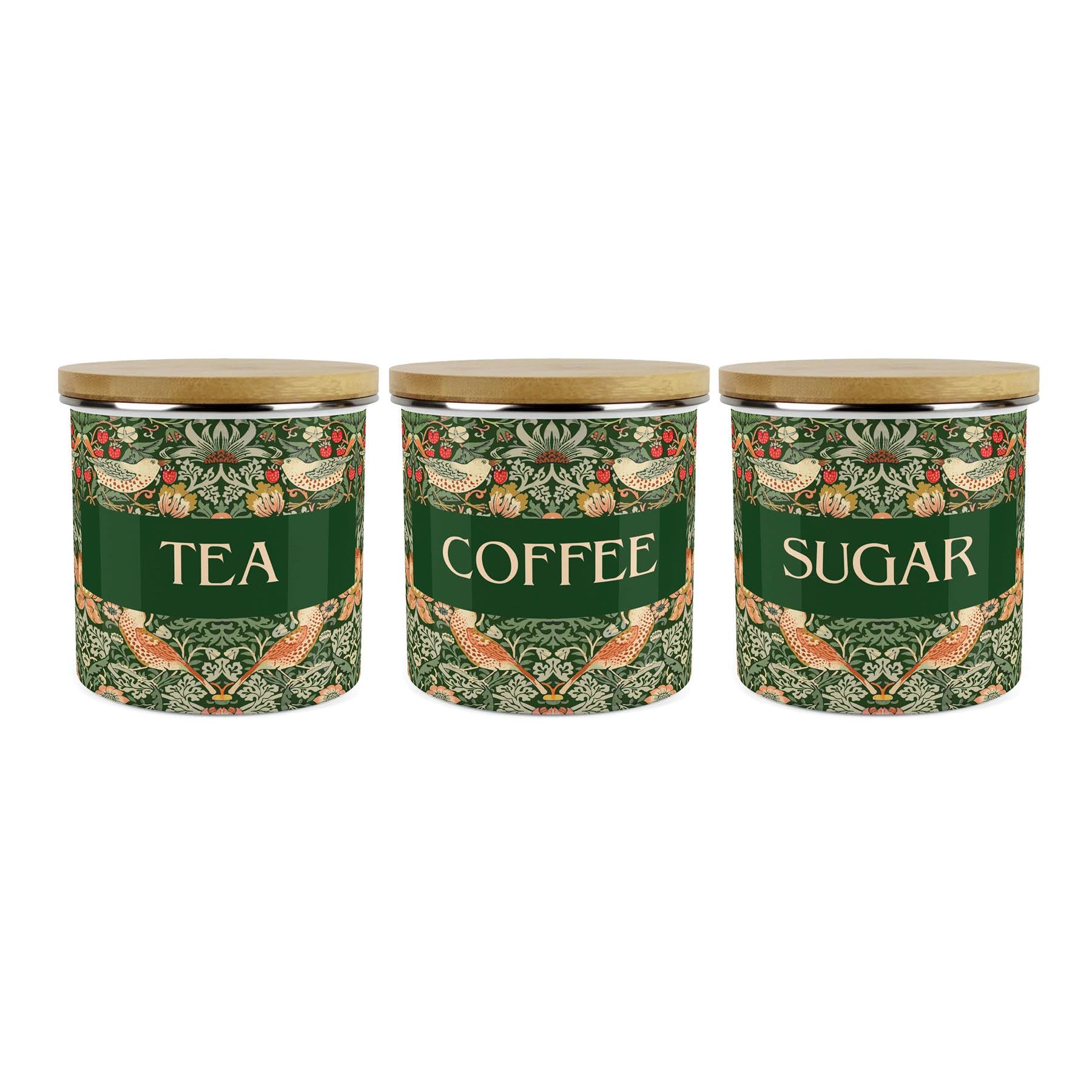 Purely Home Green Strawberry Thief TeaCoffee & Sugar Storage Canisters Set Of 3Morris Inspired Floral Tapestry1.2L Enamel Containers from B&Q