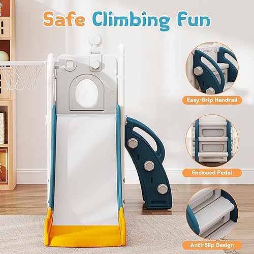 Miniatura 5 de Tobogán 6 en 1 para niños de 1 a 3 años, para interiores y exteriores, con aro de baloncesto, almacenamiento, escalador y telescopio, tobogán en