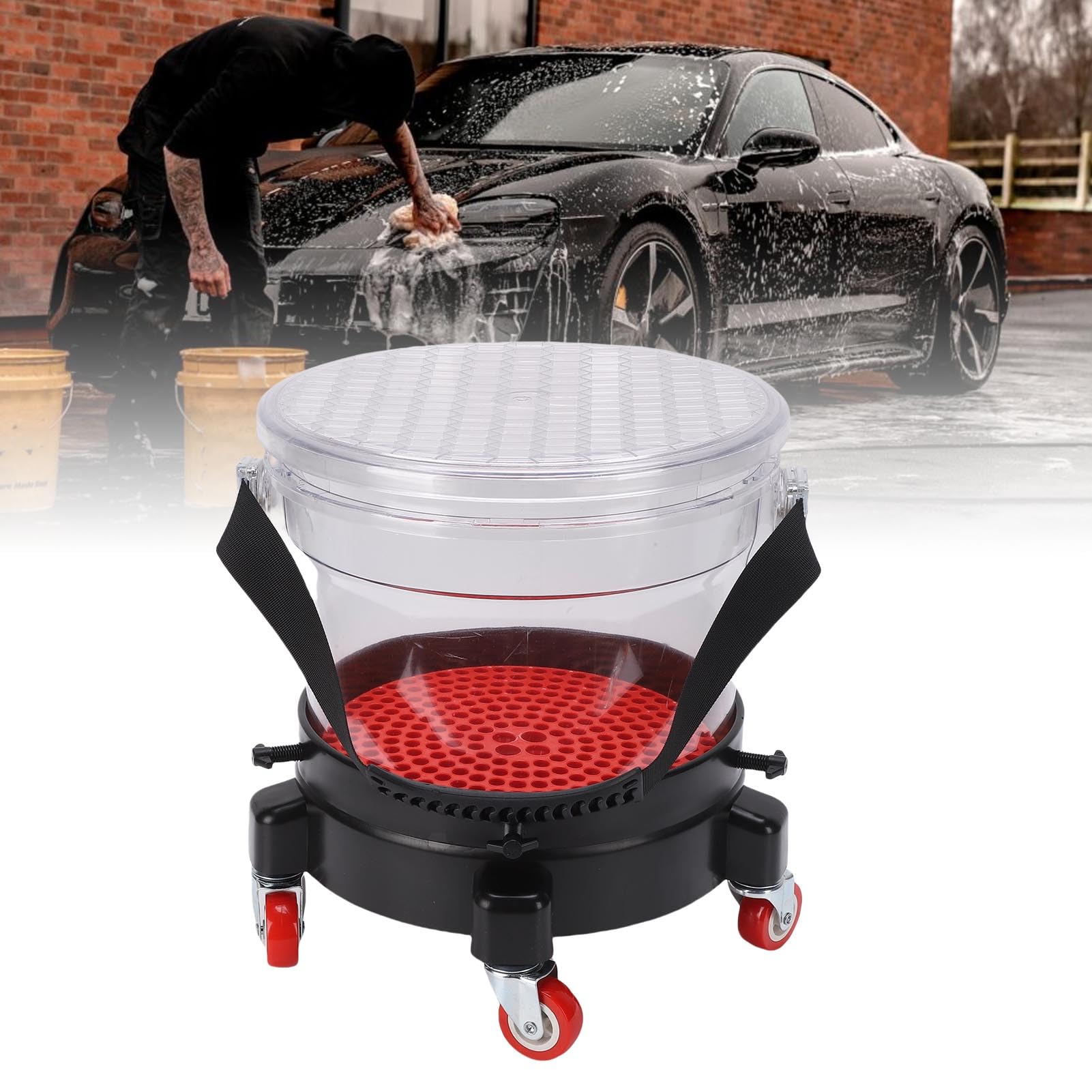 Tyenaza Car Bucket Wash System 15L Washing Detailing Kit Include Grit Trap 5 Castor Bucket Dolly Lid Transparent