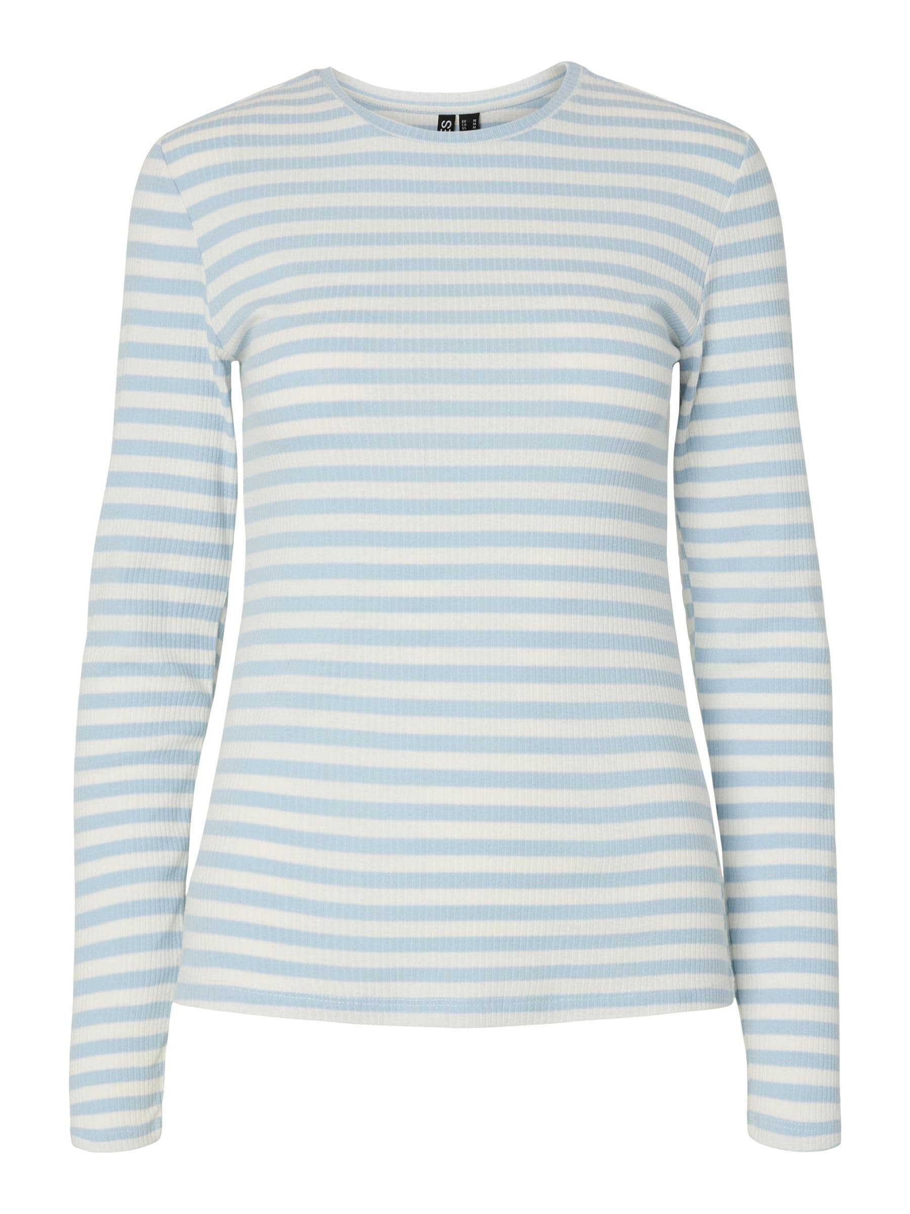 PCRUKA LS TOP NOOS BC, Cashmere Blue/Stripes: Cloud Dancer, S