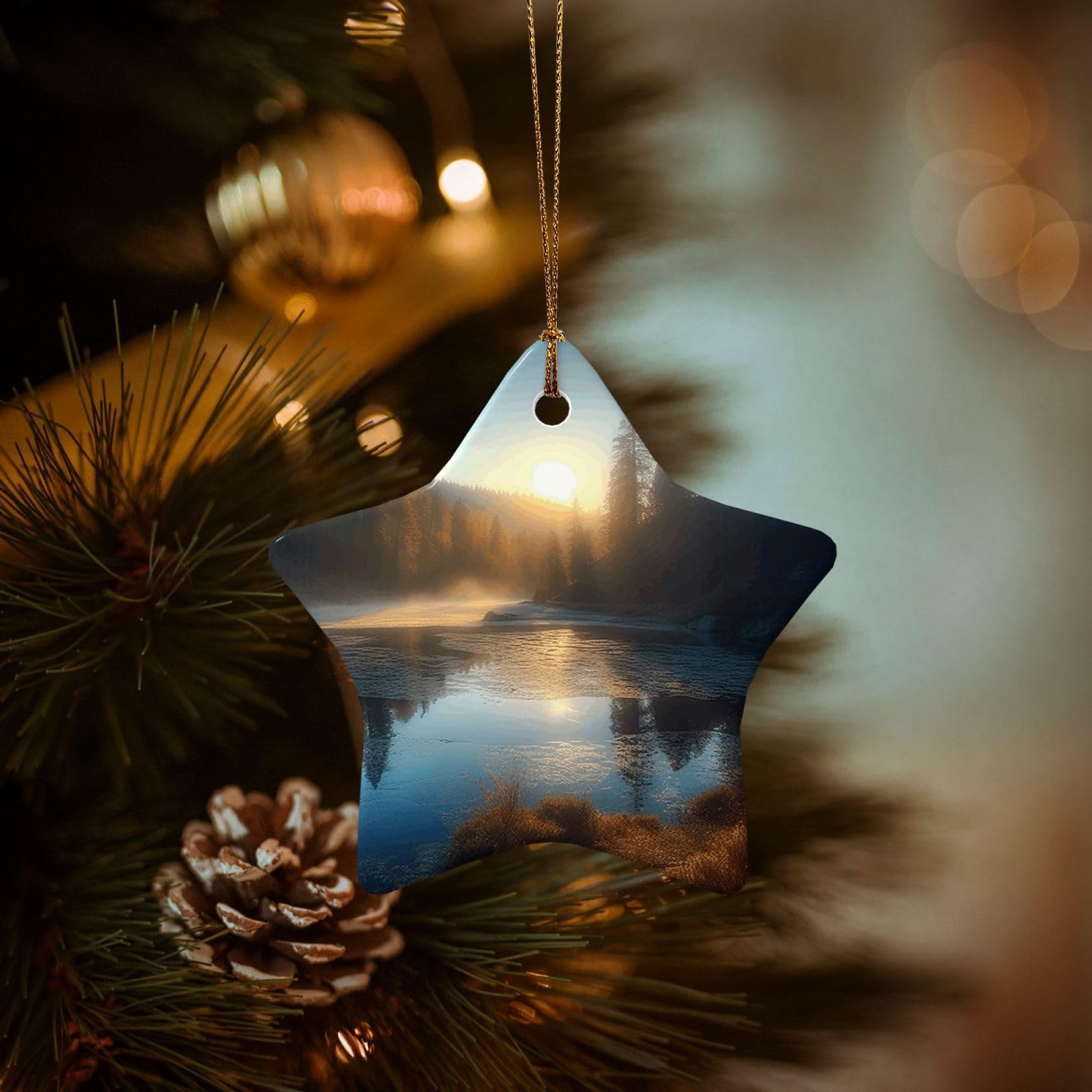Christmas Ornaments for Christmas Tree Decoration Hanging Sunrise Over Mountain Forest Lake Ornament with Gold Ribbon Crafts Star Shape Ceramic Pendant for Keepsake Gifts Xmas Decor Party Supplies