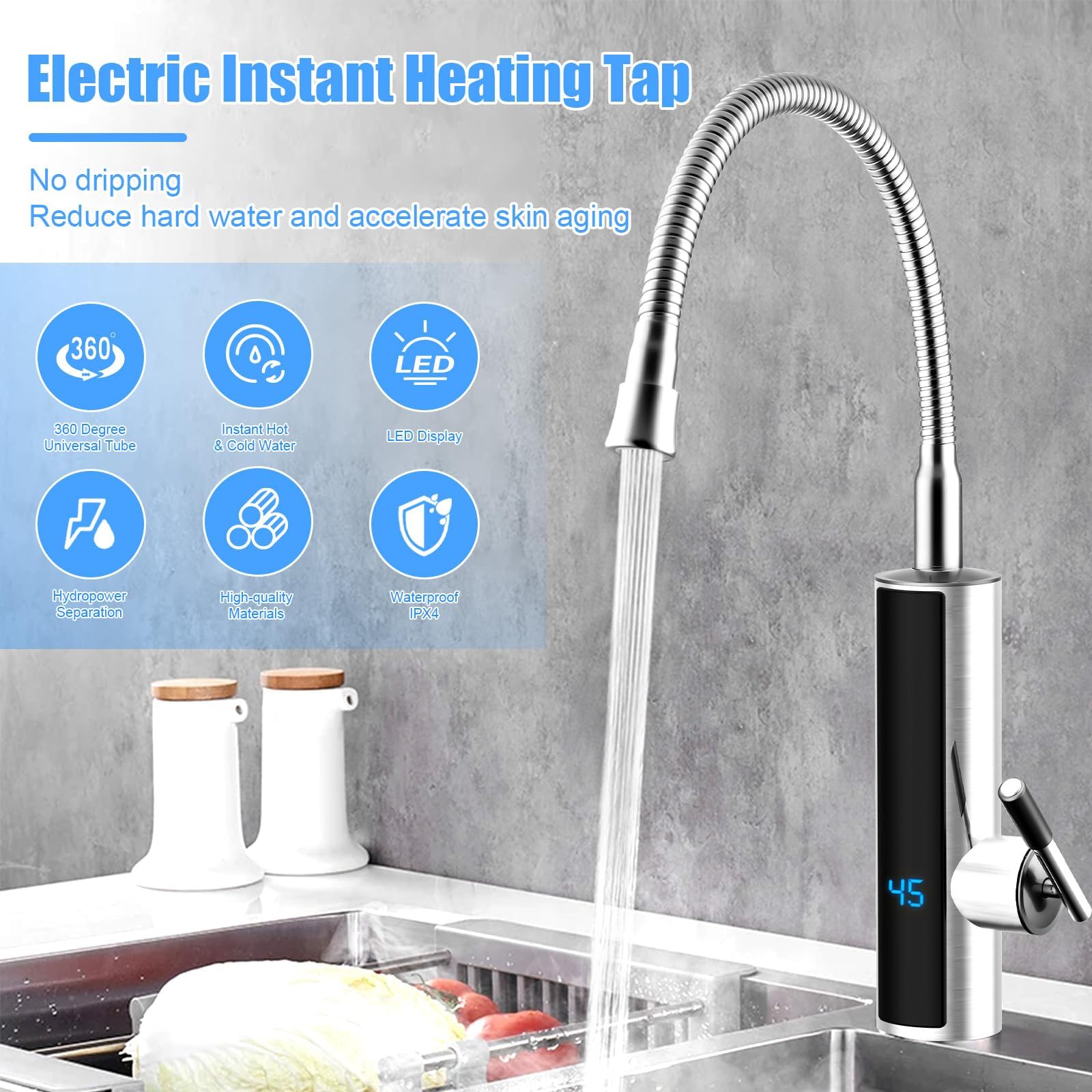 3000 W Durchlauferhitzer Küchenarmatur, Elektrischer Heizhahn mit LCD-Temperaturanzeige, 360º drehbarer Schlauch Küchenarmatur, 304 Edelstahl Wasserhahn für Küche, Bad, Wohnwagen, Camping(Silber)