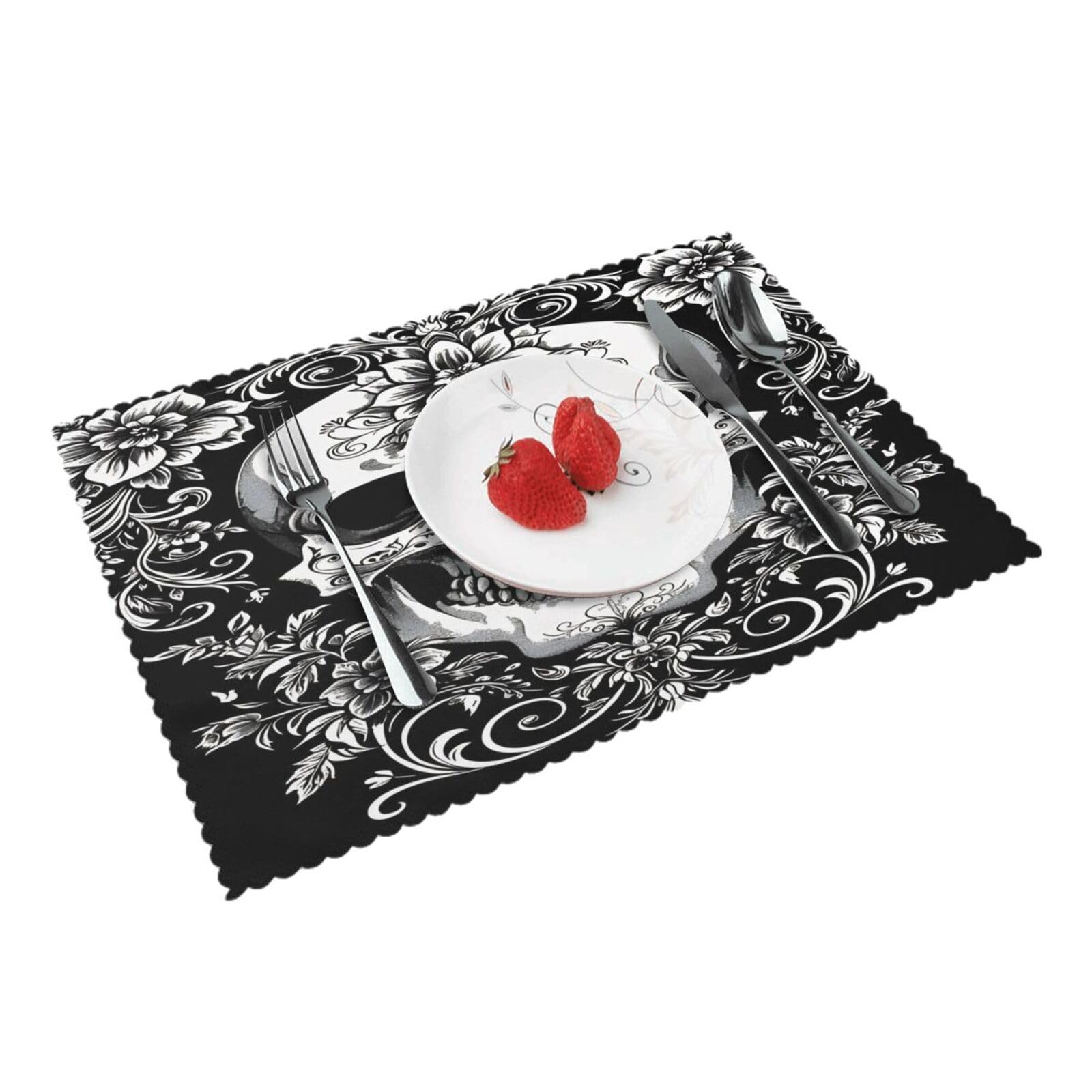 Skull Floral Ornament Placemats Set of 4 Print Table Mats Place Mats Table Decor for Kitchen Dining 12X18 in