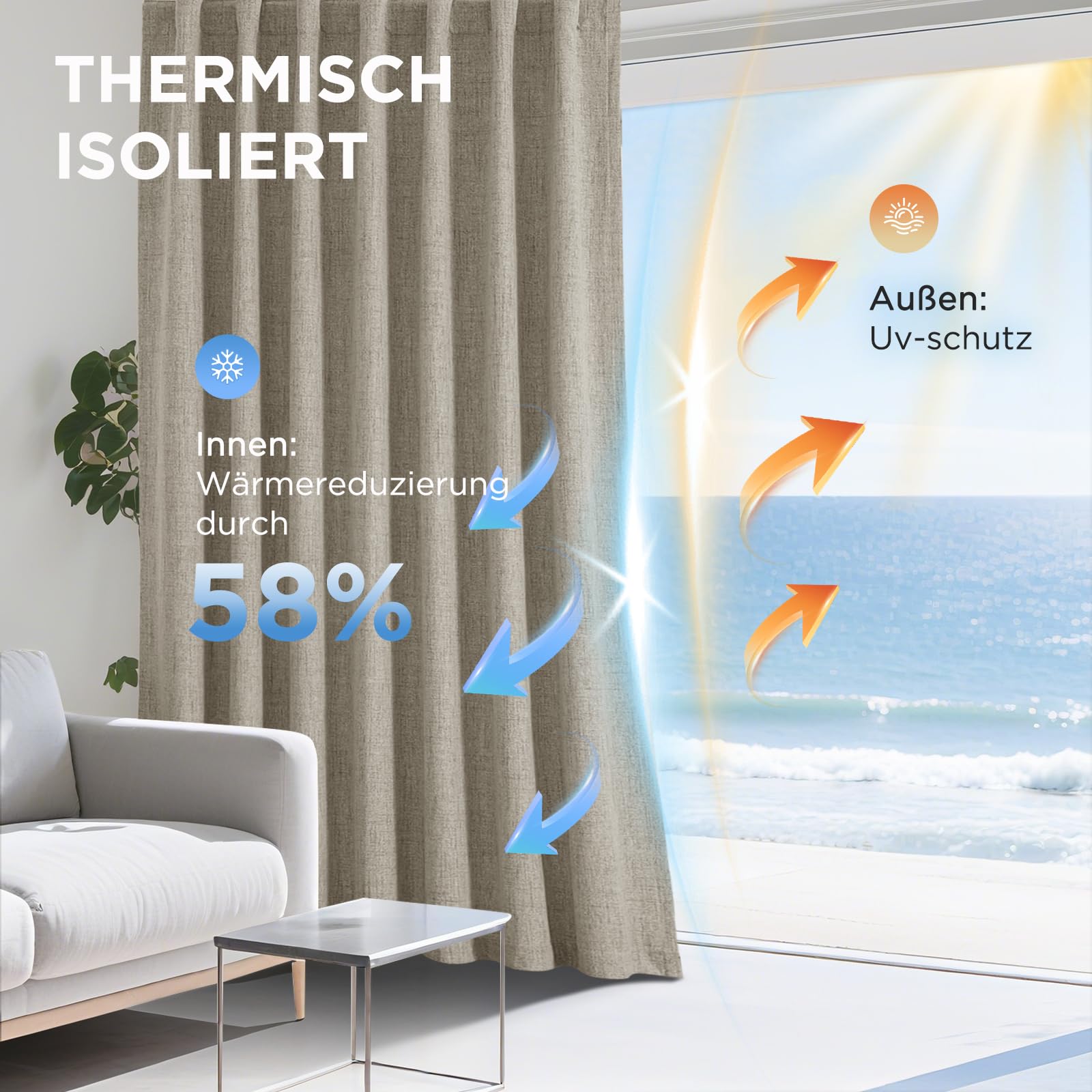 Joydeco 100% Verdunkelungsvorhänge Leinen Gardinen mit Kräuselband 2er Set H183xB132cm Leinen – Bild 4