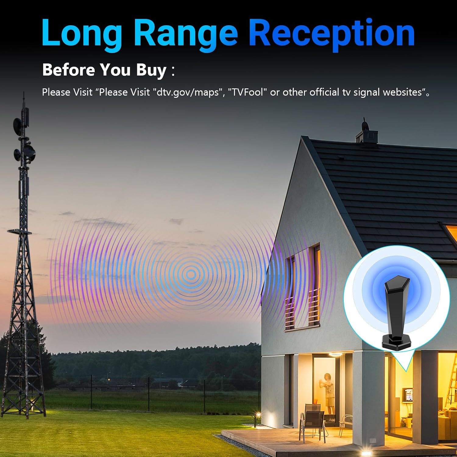 TV Antenna for Smart TV Indoor, Digital Antenna for Local Channels, Strong Magnetic Base, Easy Installation, 360° Long Range Reception, 4K 1080P, 8.5-ft Long Cable (Black)