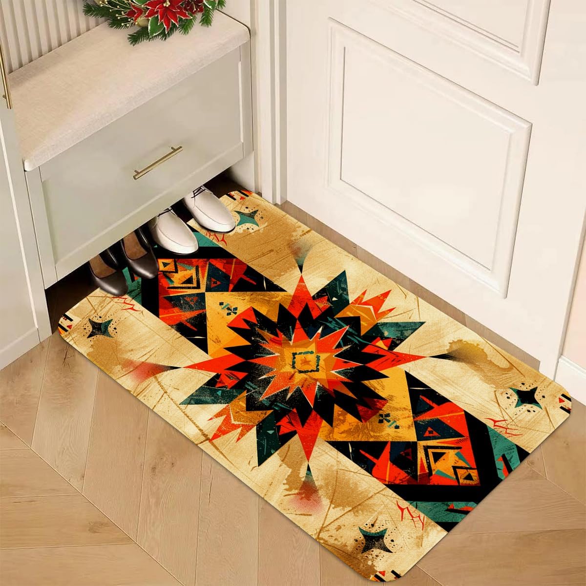 Southwestern Aztec Kitchen Rugs Set of 2- Cotton Linen Blend Floor Mats(17.7''x29.5''+17.7''x47'') - Washable Non-Slip Kitchen Mats for Home Office Bedroom Bathroom Laundry (Western3)