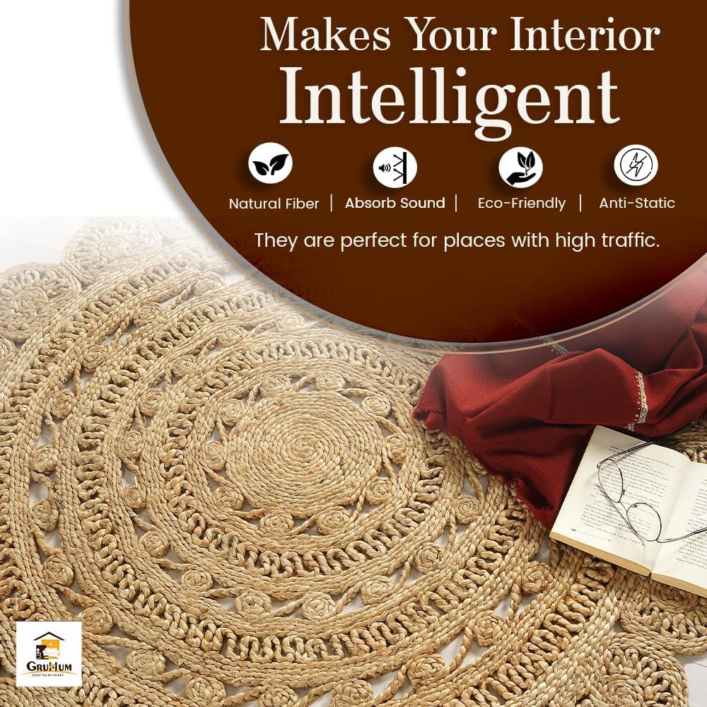 GRUHUM Handwoven 3ft Jute Area Rug Natural Fiber Round Boho Farmhouse Rustic Vintage Soft Braided Reversible EcoFriendly Rugs for Indoor Kitchen Bedroom Living Room Hallways (3' ft Round)