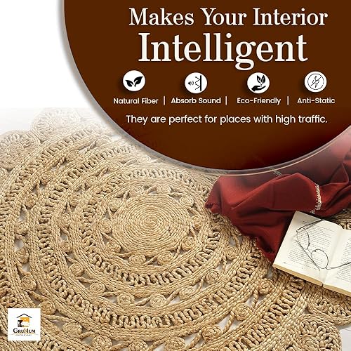 Vista 38 de GRUHUM Alfombra tejida a mano de yute redonda de 6 pies de fibra natural, alfombra rústica vintage bohemia y reversible trenzada beige, alfombras