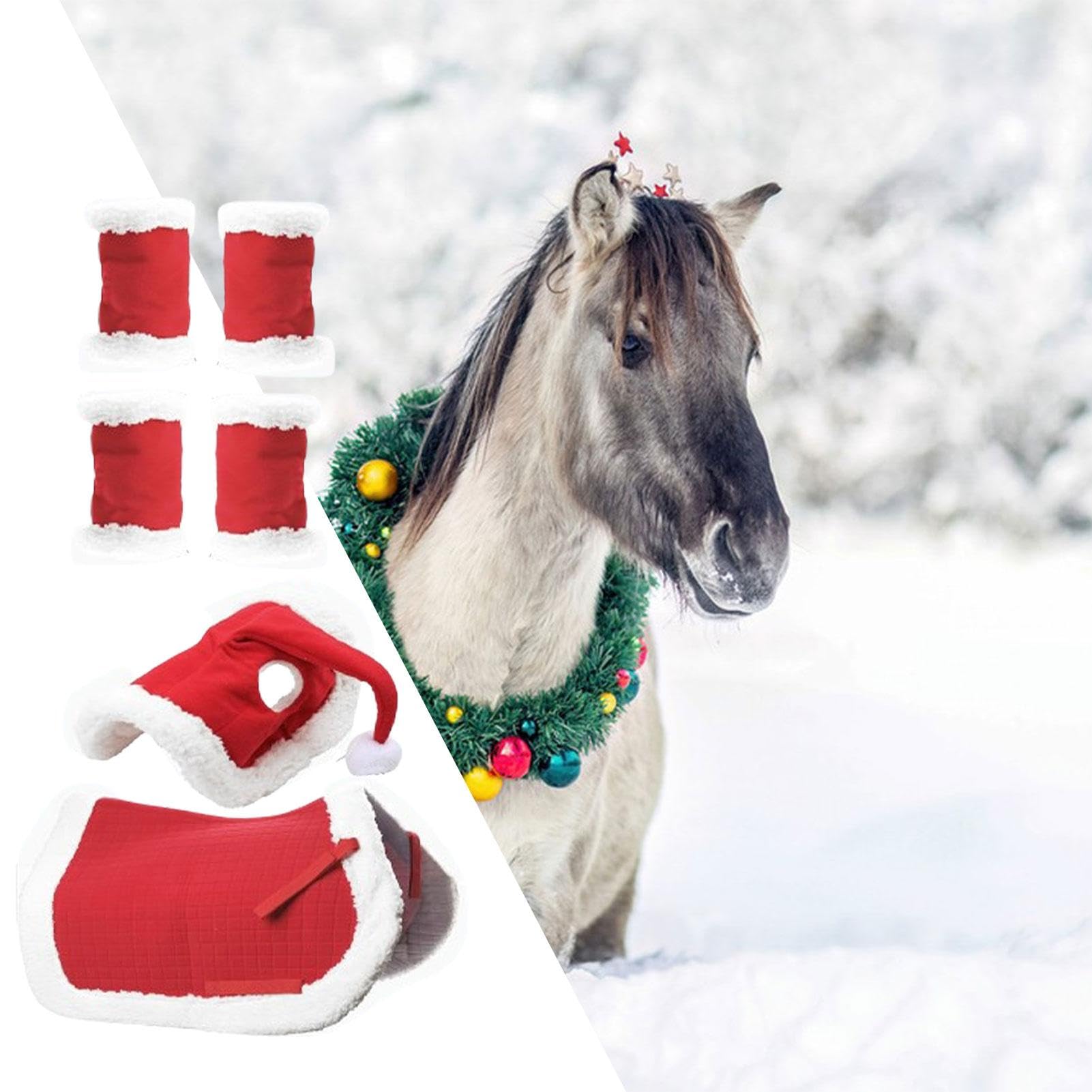 Weihnachtspferd-Kostüm-Zubehör, weiches Pferdezubehör – Stehwickel | Weihnachtsmann-Hut, Schabracke, Schutz, Reit-Dekoration für Weihnachten