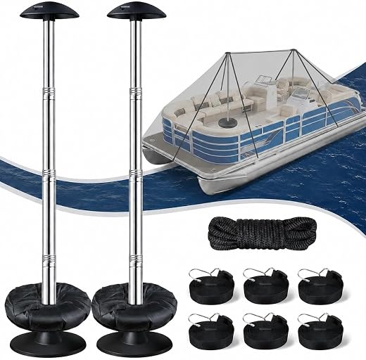 Pontoon Boat Cover Support System with Heavy Duty Straps,2 Pack | Thickened Stainless Steel Boat Cover Poles with Ring Sandbags,Adjustable 28-56in,Won't Retract,Won't Tip Over for Jon,V-hull